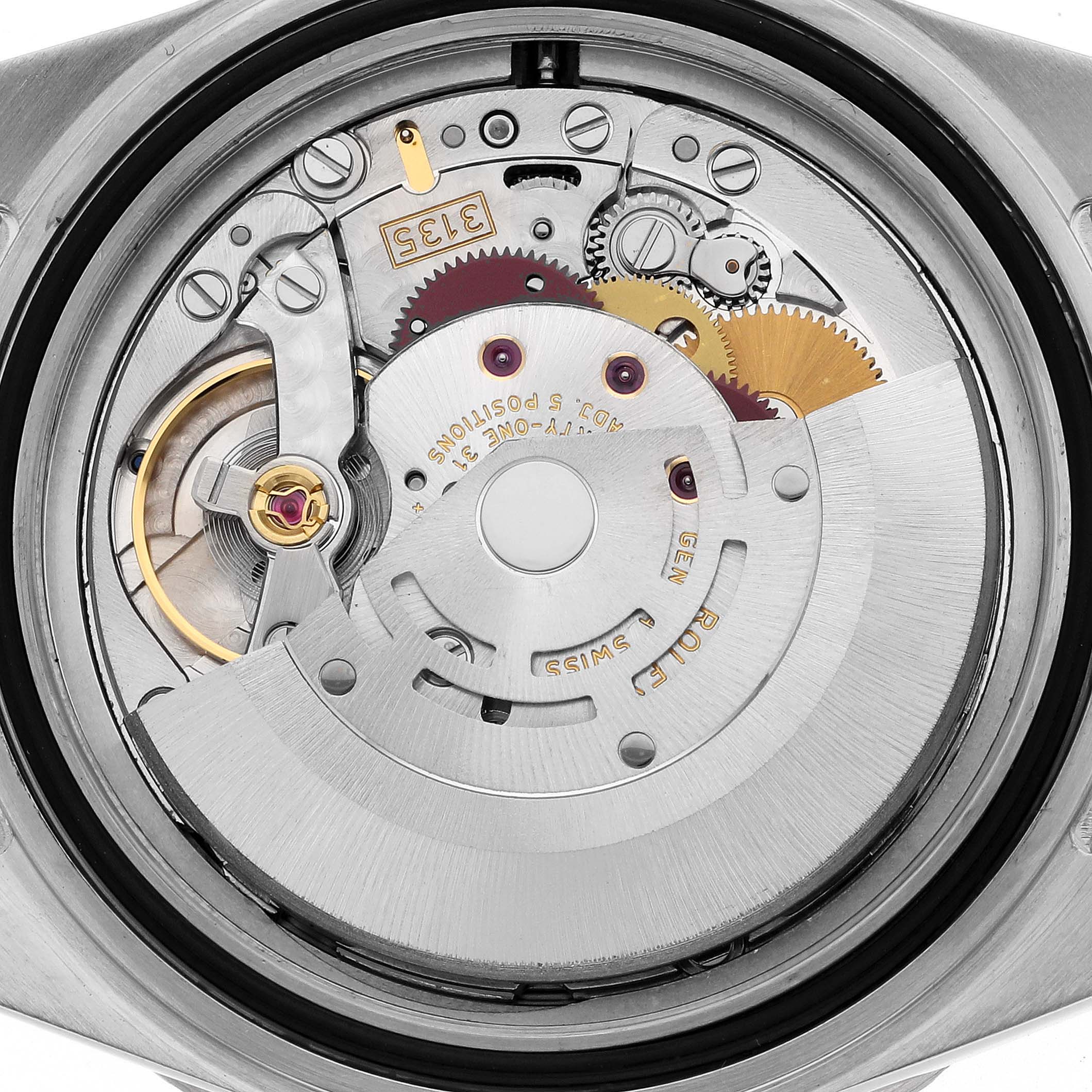 This is an internal view of the Rolex Submariner 16613 Men's Steel and Gold (two tone) Champagne Dial 16613 Men's Steel and Gold (two tone) Champagne Dial, showing its intricate mechanical movement components.