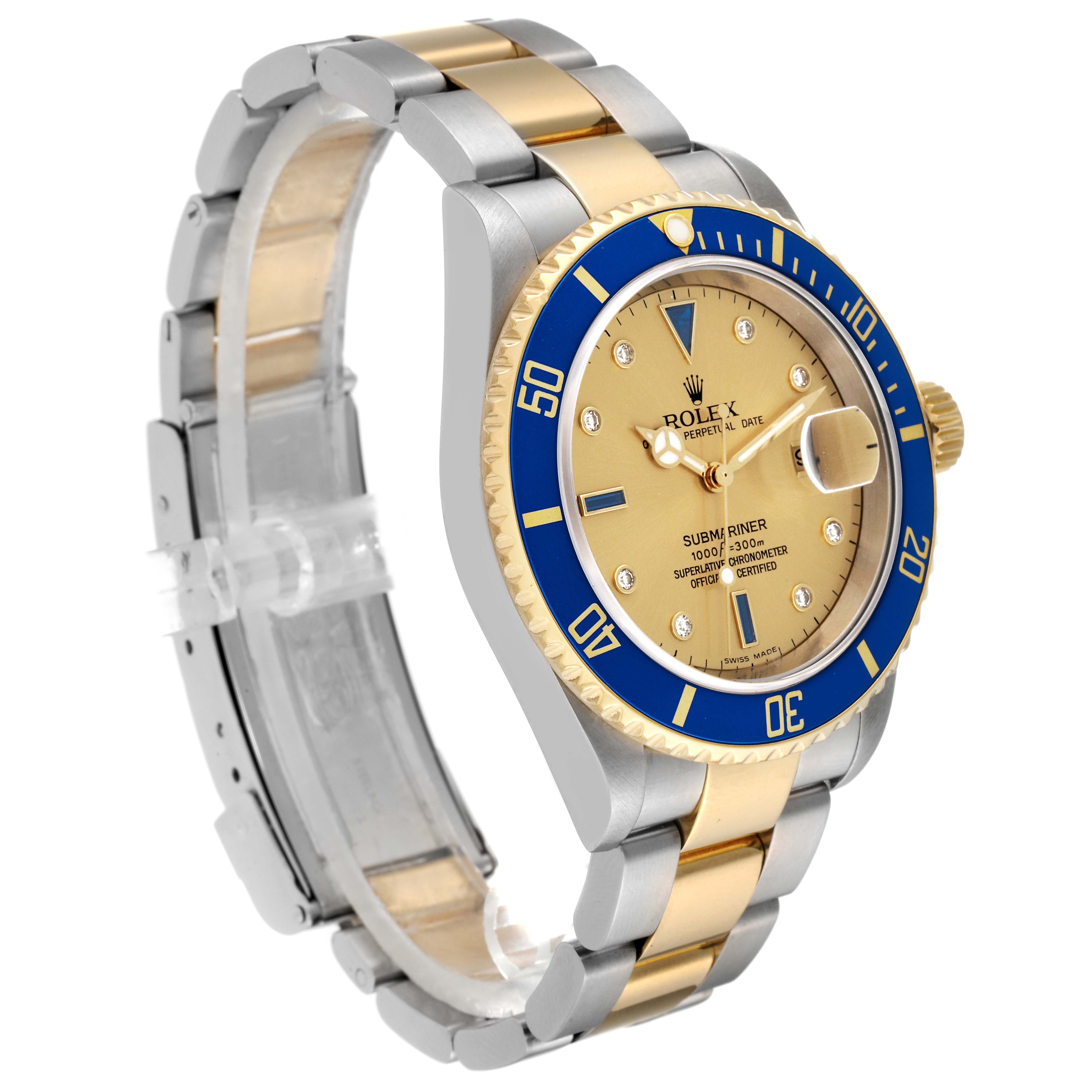 The image shows a Rolex Submariner 16613 Men's Steel and Gold (two tone) Champagne Dial 16613 Men's Steel and Gold (two tone) Champagne Dial watch at an angle that highlights the bezel, dial, case, and bracelet.