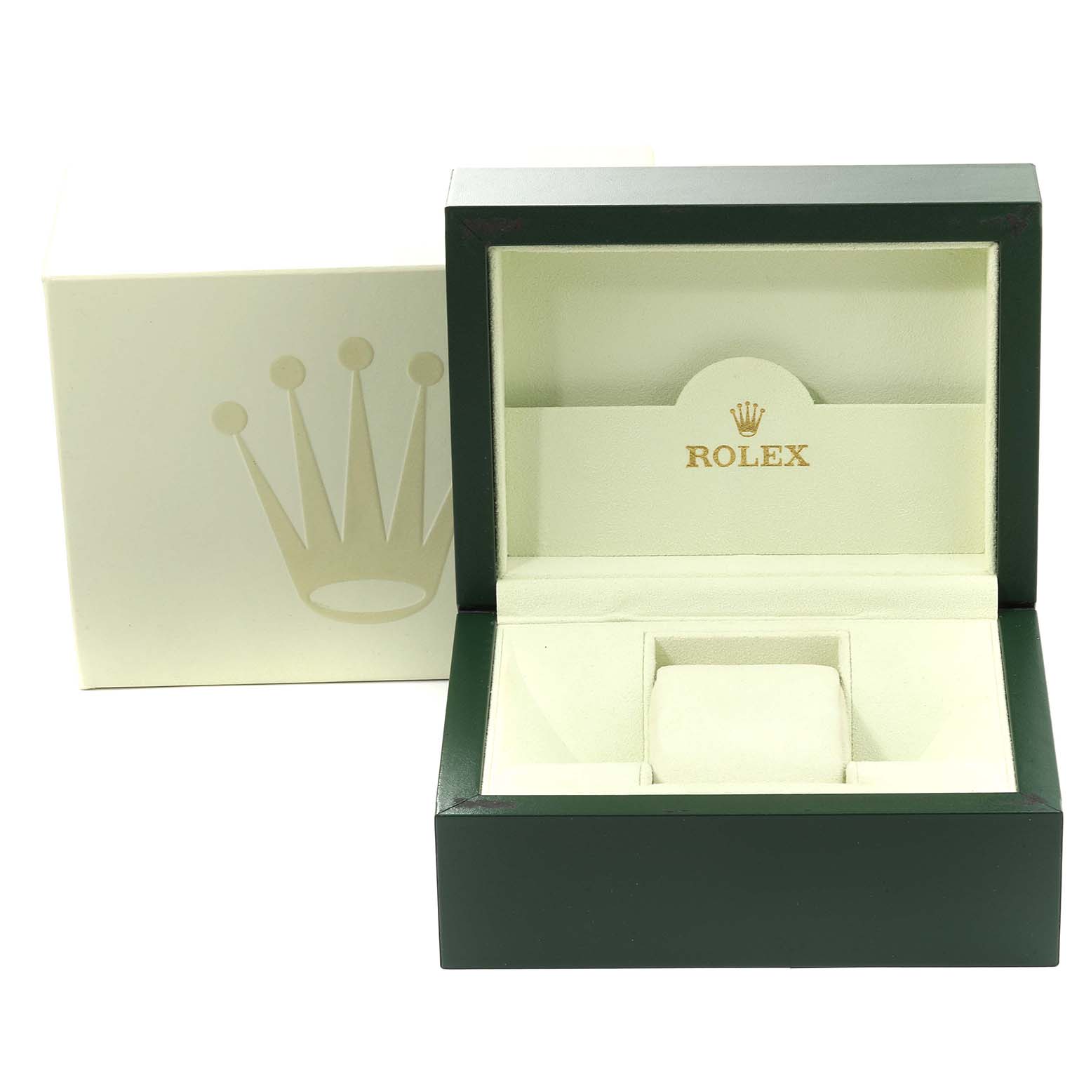 This image shows an open Rolex Submariner 16613 Men's Steel and Gold (two tone) Champagne Dial 16613 Men's Steel and Gold (two tone) Champagne Dial watch box and an outer packaging box with the Rolex logo.