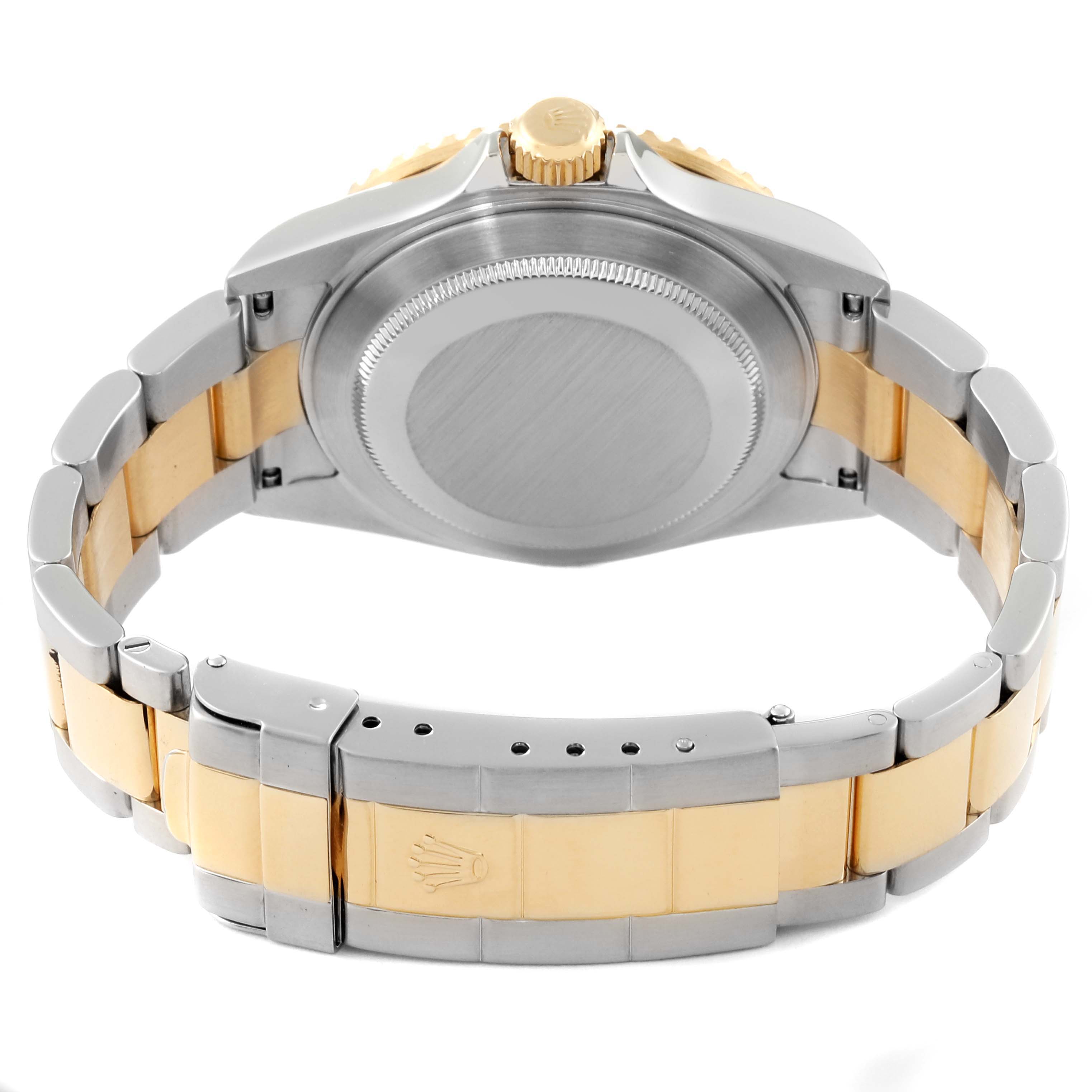 This image shows the back case and bracelet of a Rolex Submariner 16613 Men's Steel and Gold (two tone) Champagne Dial 16613 Men's Steel and Gold (two tone) Champagne Dial, highlighting the two-tone metal design.