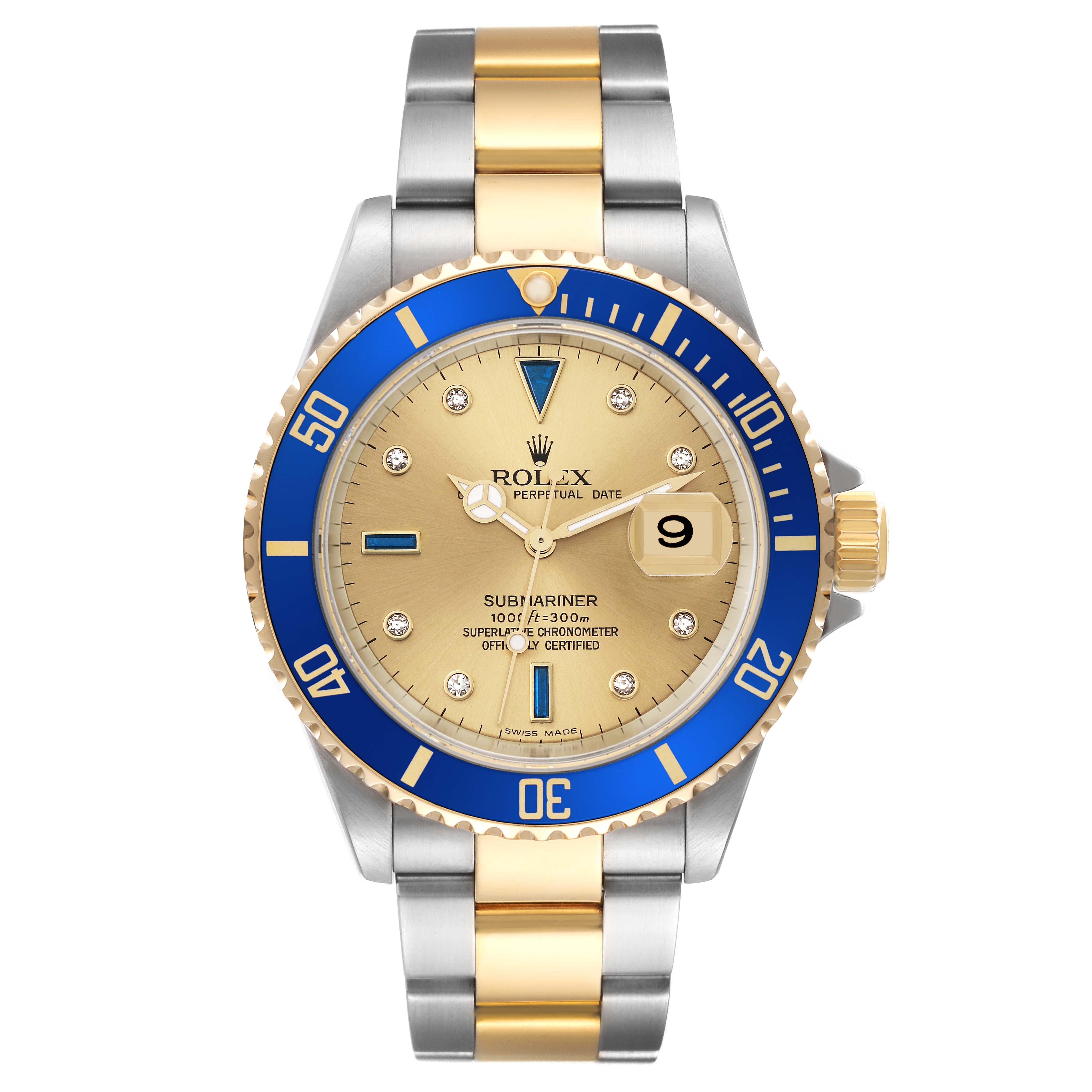 The image shows a Rolex Submariner 16613 Men's Steel and Gold (two tone) Champagne Dial 16613 Men's Steel and Gold (two tone) Champagne Dial watch in a frontal view, highlighting the dial, bezel, and bracelet.