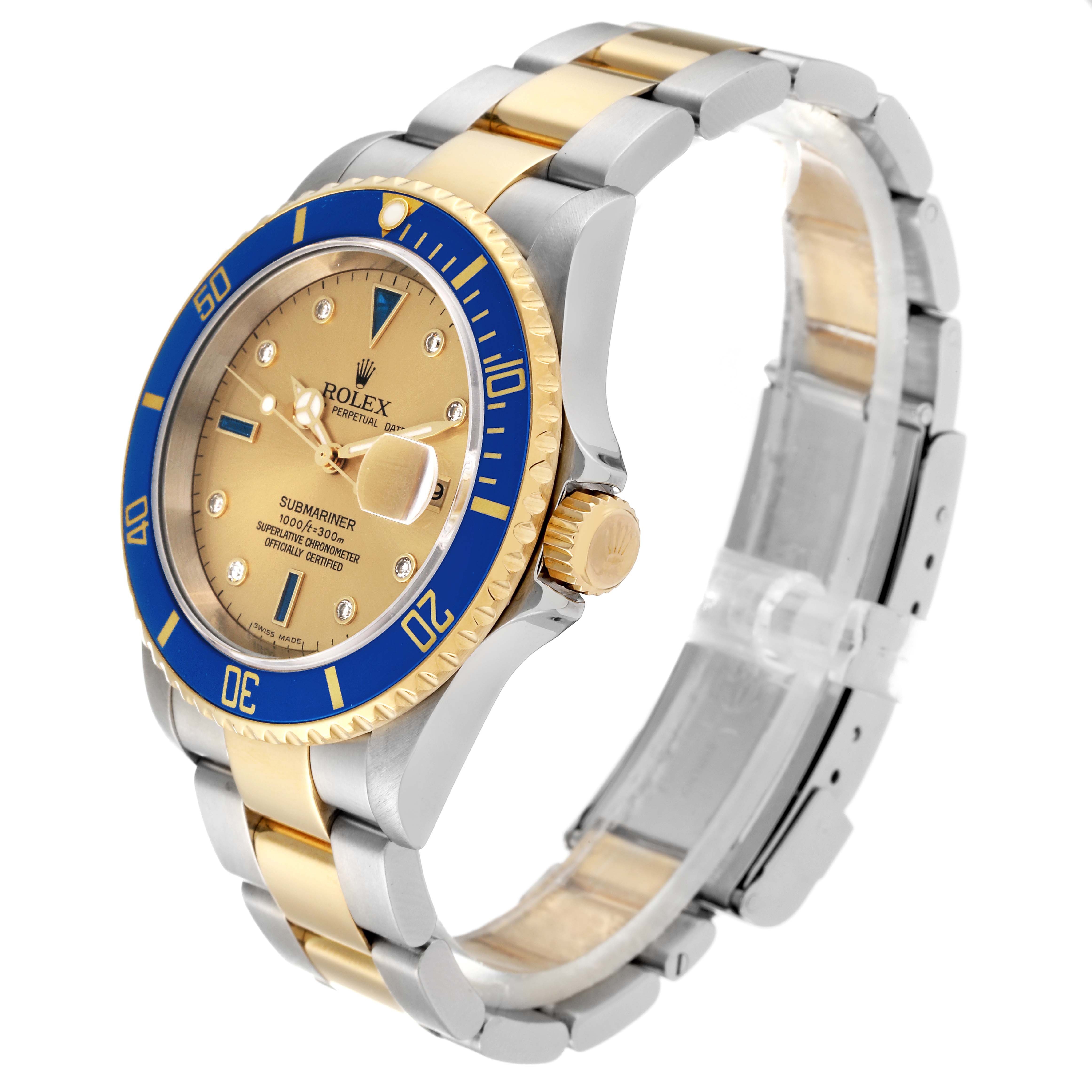 The image shows a Rolex Submariner 16613 Men's Steel and Gold (two tone) Champagne Dial 16613 Men's Steel and Gold (two tone) Champagne Dial watch at a three-quarter angle, highlighting the dial, bezel, and bracelet.