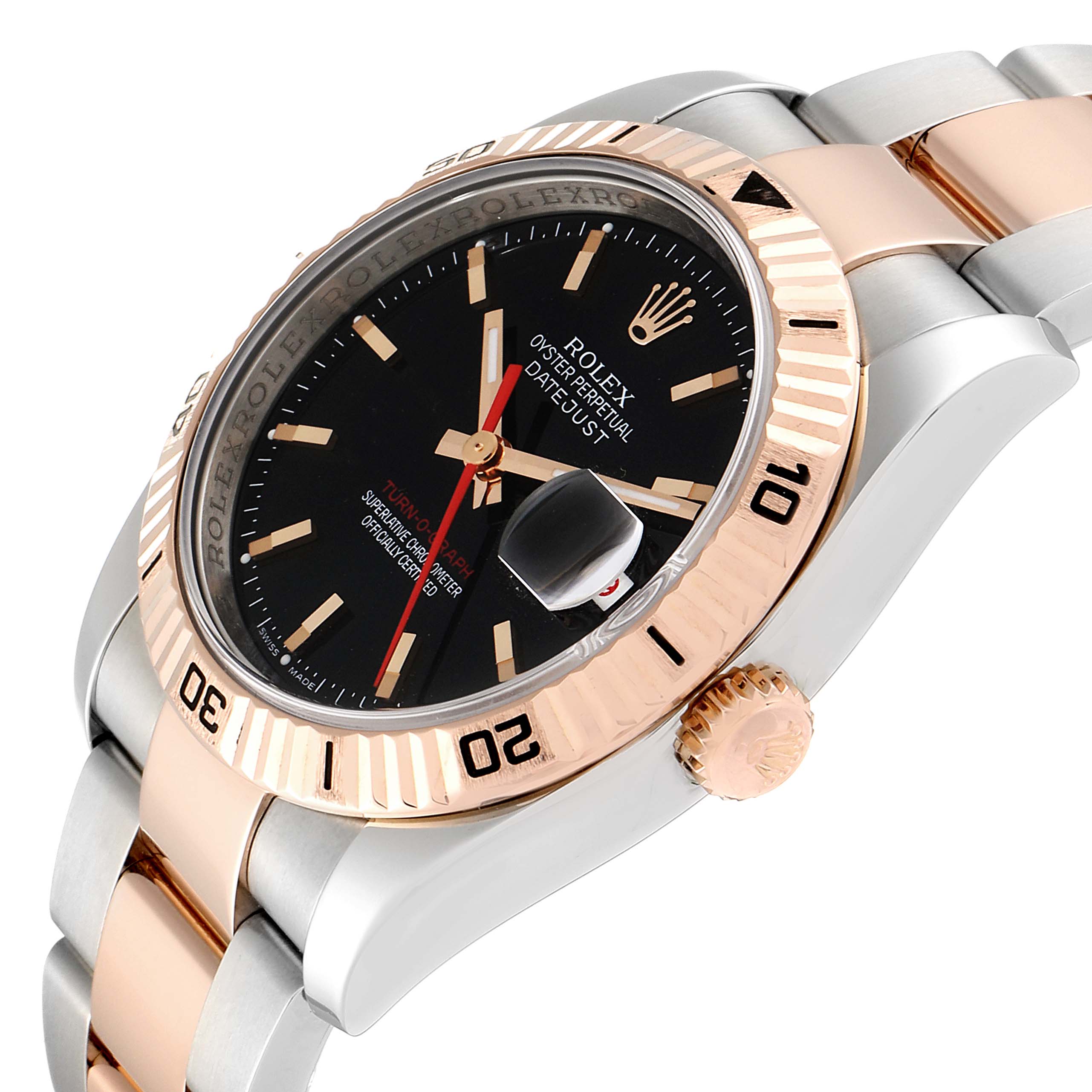 This Rolex Turn-o-Graph 116261 Men
s Steel and Gold (two tone) Black Dial 116261 Men
s Steel and Gold (two tone) Black Dial watch is shown at an oblique angle, highlighting the dial, bezel, and part of the bracelet.