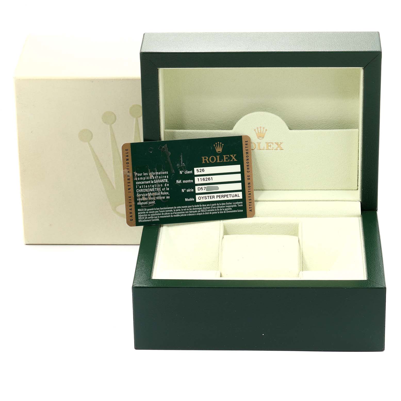 The image shows an open Rolex Turn-o-Graph 116261 Men
s Steel and Gold (two tone) Black Dial 116261 Men
s Steel and Gold (two tone) Black Dial watch box with an Best Quality
ity card placed inside.