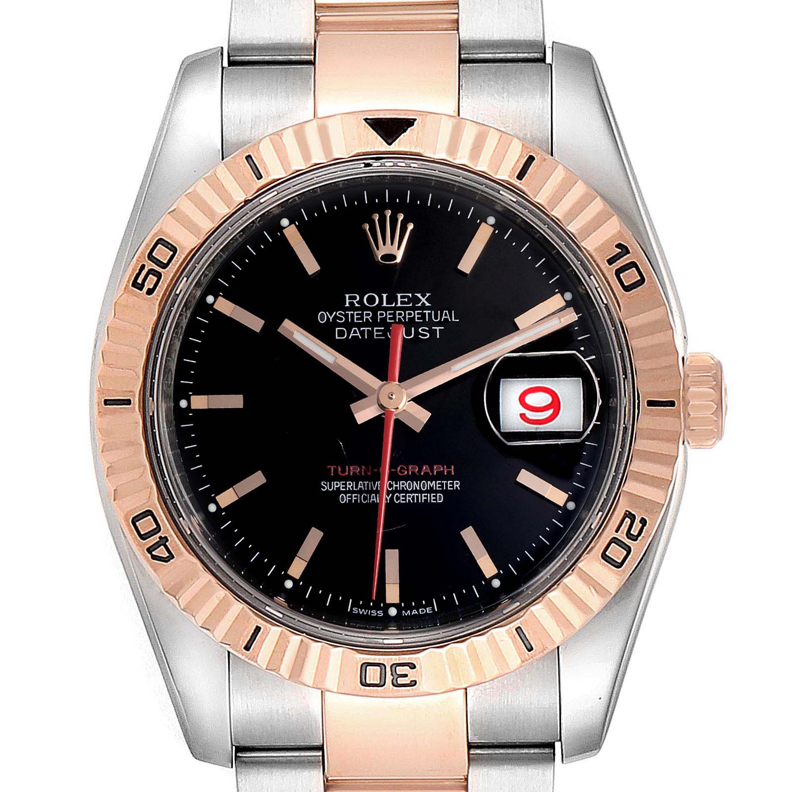 This image shows a front view of the Rolex Turn-o-Graph 116261 Men
s Steel and Gold (two tone) Black Dial 116261 Men
s Steel and Gold (two tone) Black Dial watch, displaying its dial, bezel, case, and part of the bracelet.