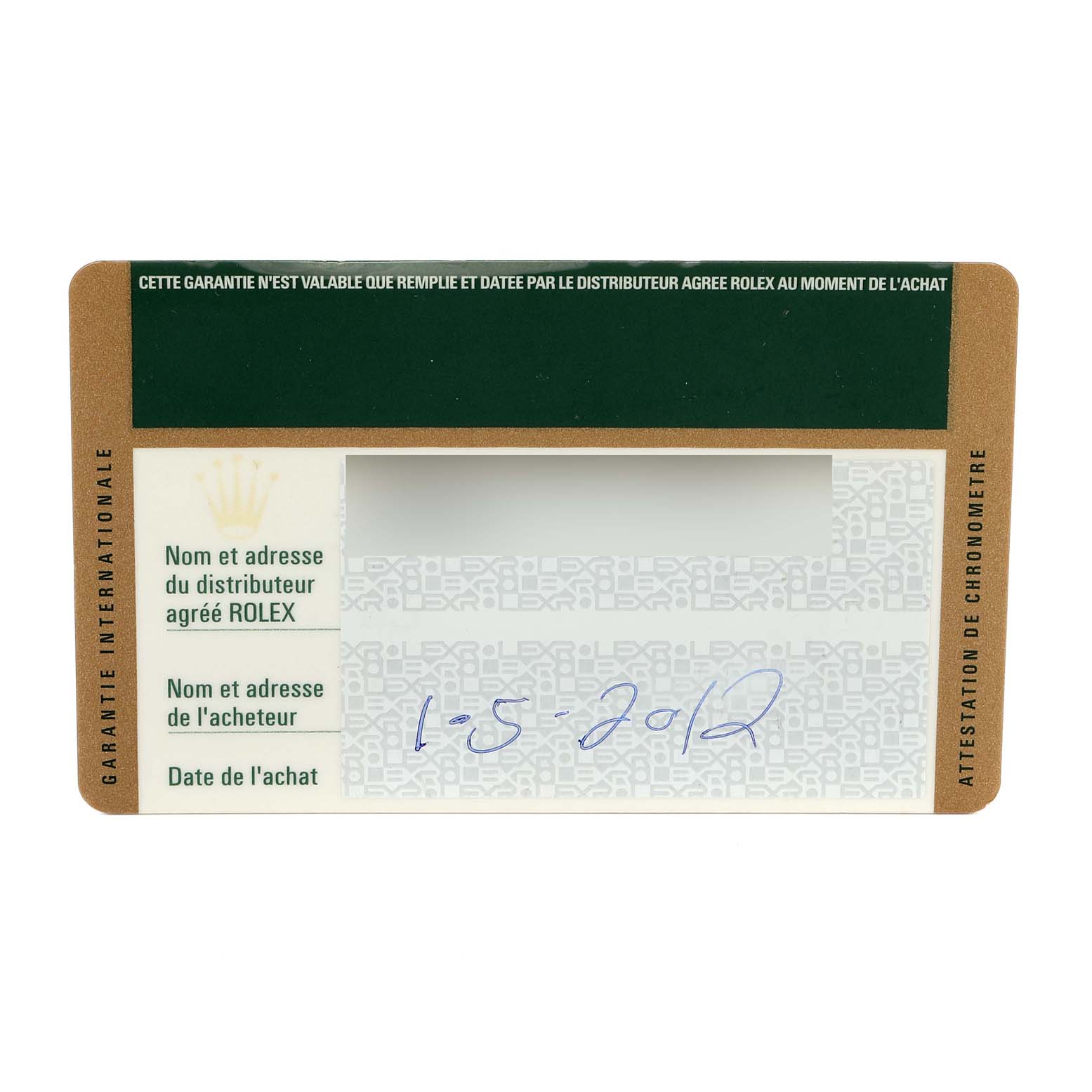 This image shows the warranty card for the Rolex Turn-o-Graph 116261 Men
s Steel and Gold (two tone) Black Dial 116261 Men
s Steel and Gold (two tone) Black Dial watch model.