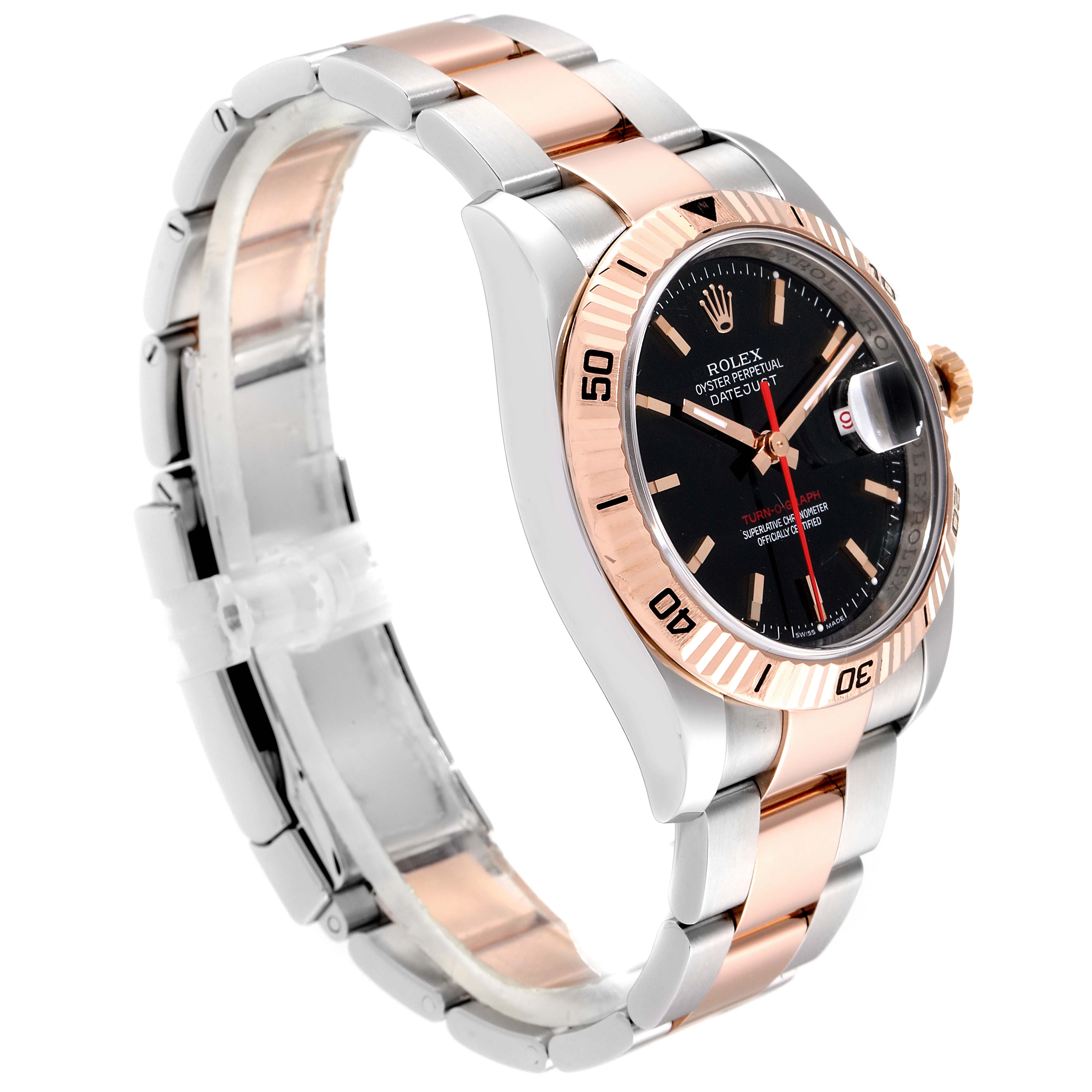 The image shows a side angle of the Rolex Turn-o-Graph 116261 Men
s Steel and Gold (two tone) Black Dial 116261 Men
s Steel and Gold (two tone) Black Dial watch, highlighting the face, bezel, and bracelet.