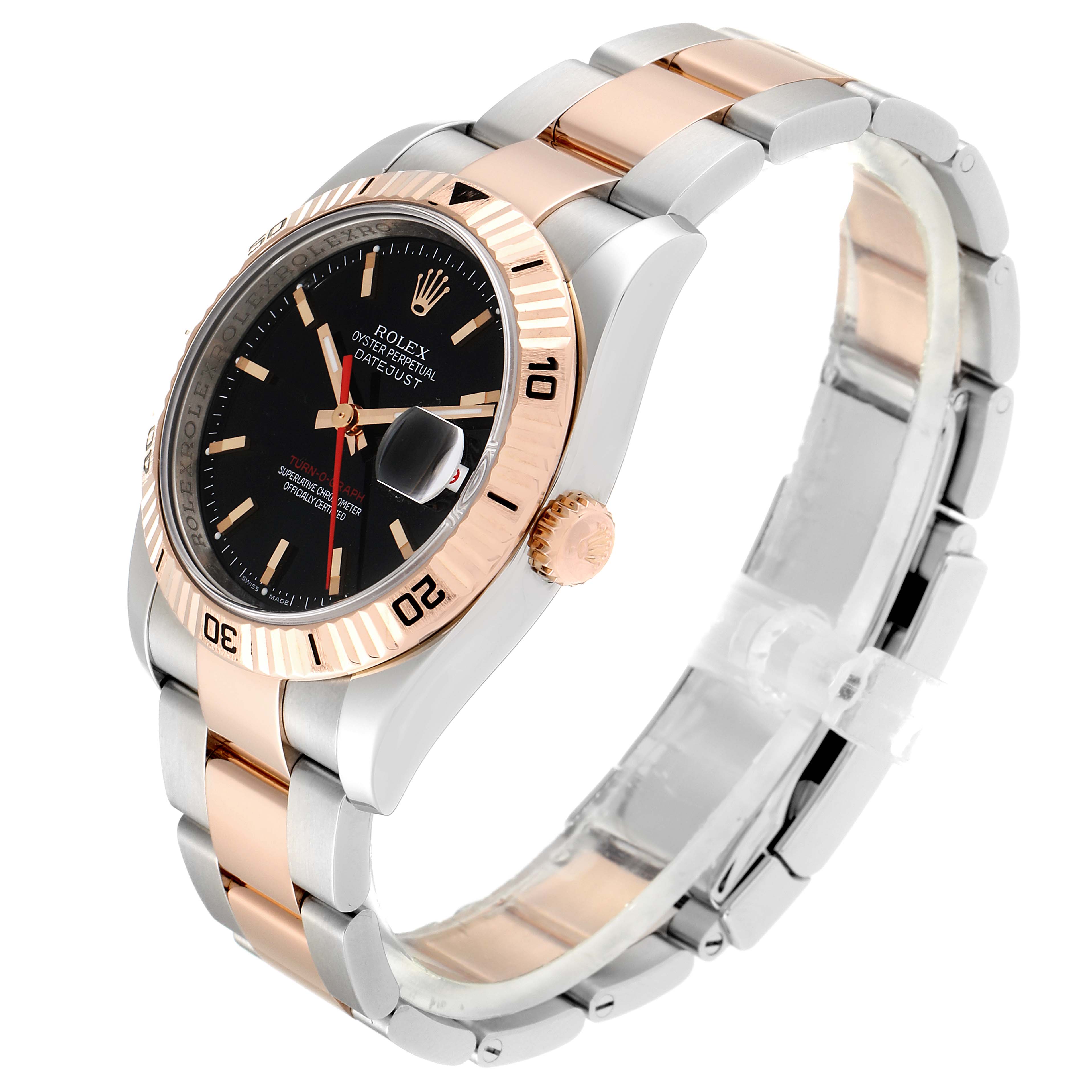 This image shows a side angle of the Rolex Turn-o-Graph 116261 Men
s Steel and Gold (two tone) Black Dial 116261 Men
s Steel and Gold (two tone) Black Dial, highlighting its black dial, rose gold bezel, and two-tone bracelet.