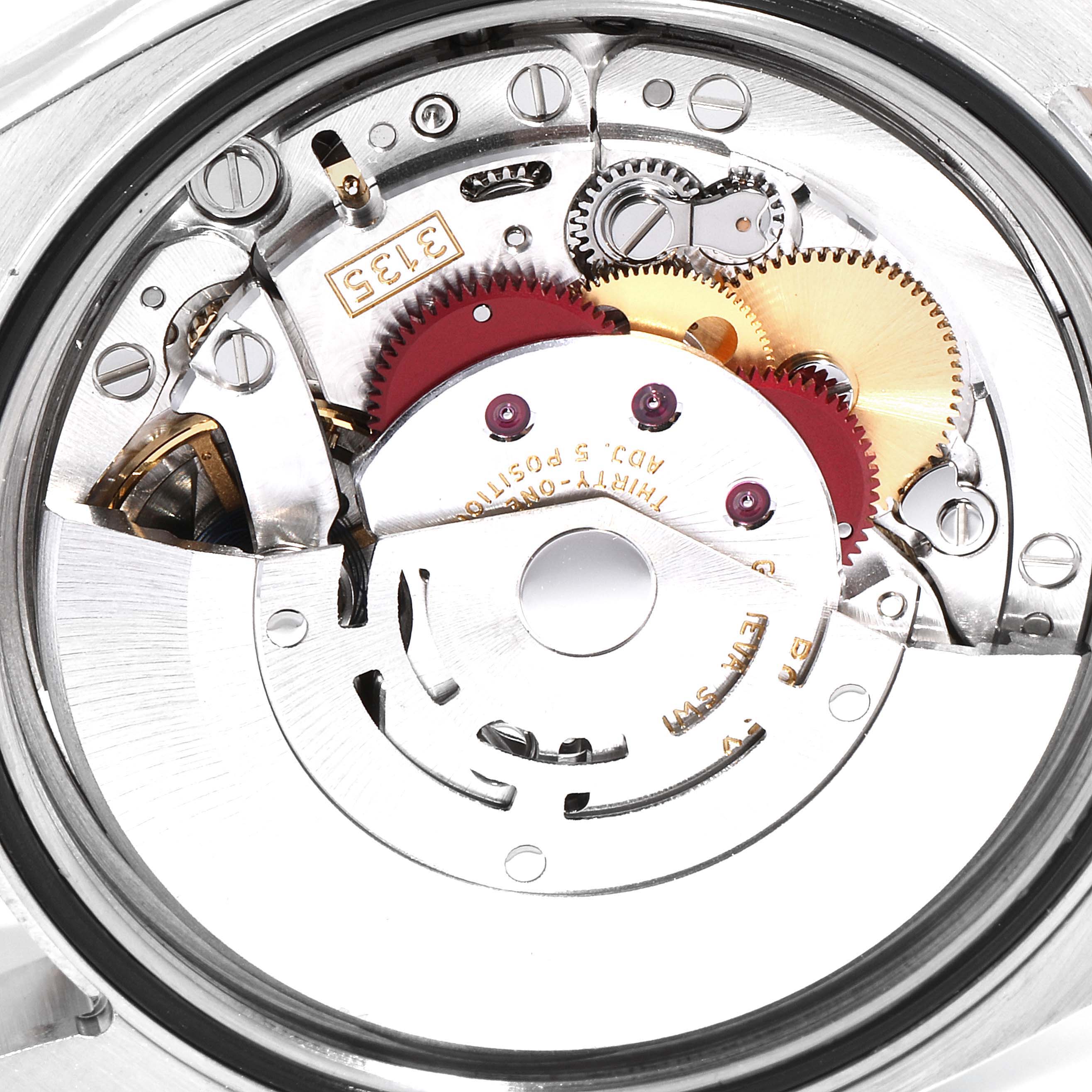 The image shows a close-up view of the movement mechanism of the Rolex Turn-o-Graph 116261 Men
s Steel and Gold (two tone) Black Dial 116261 Men
s Steel and Gold (two tone) Black Dial watch.