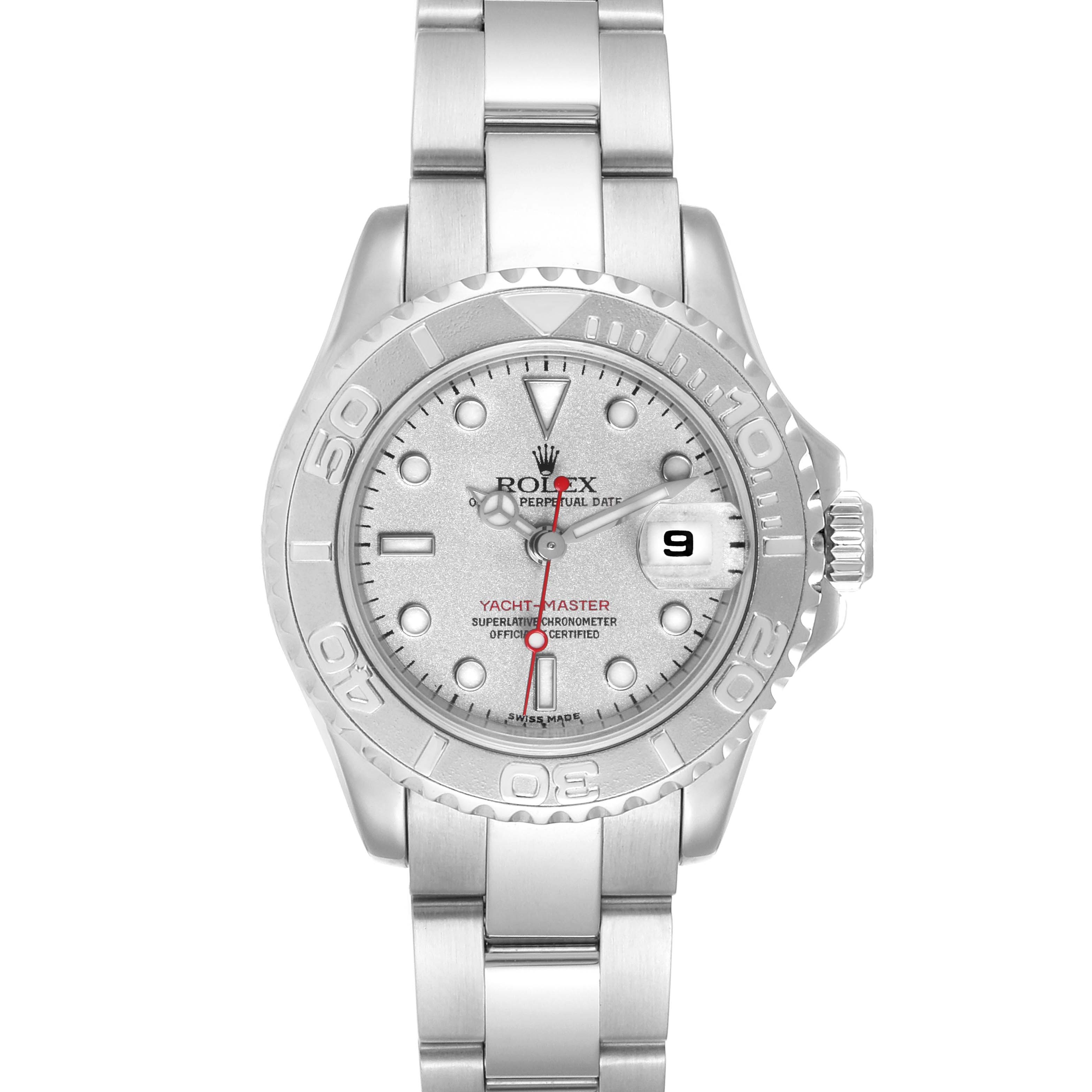 The image shows a front view of a Rolex Yacht-Master 169622 Women
s Stainless Steel Silver Dial 169622 Women
s Stainless Steel Silver Dial watch, displaying its face, bezel, and bracelet.