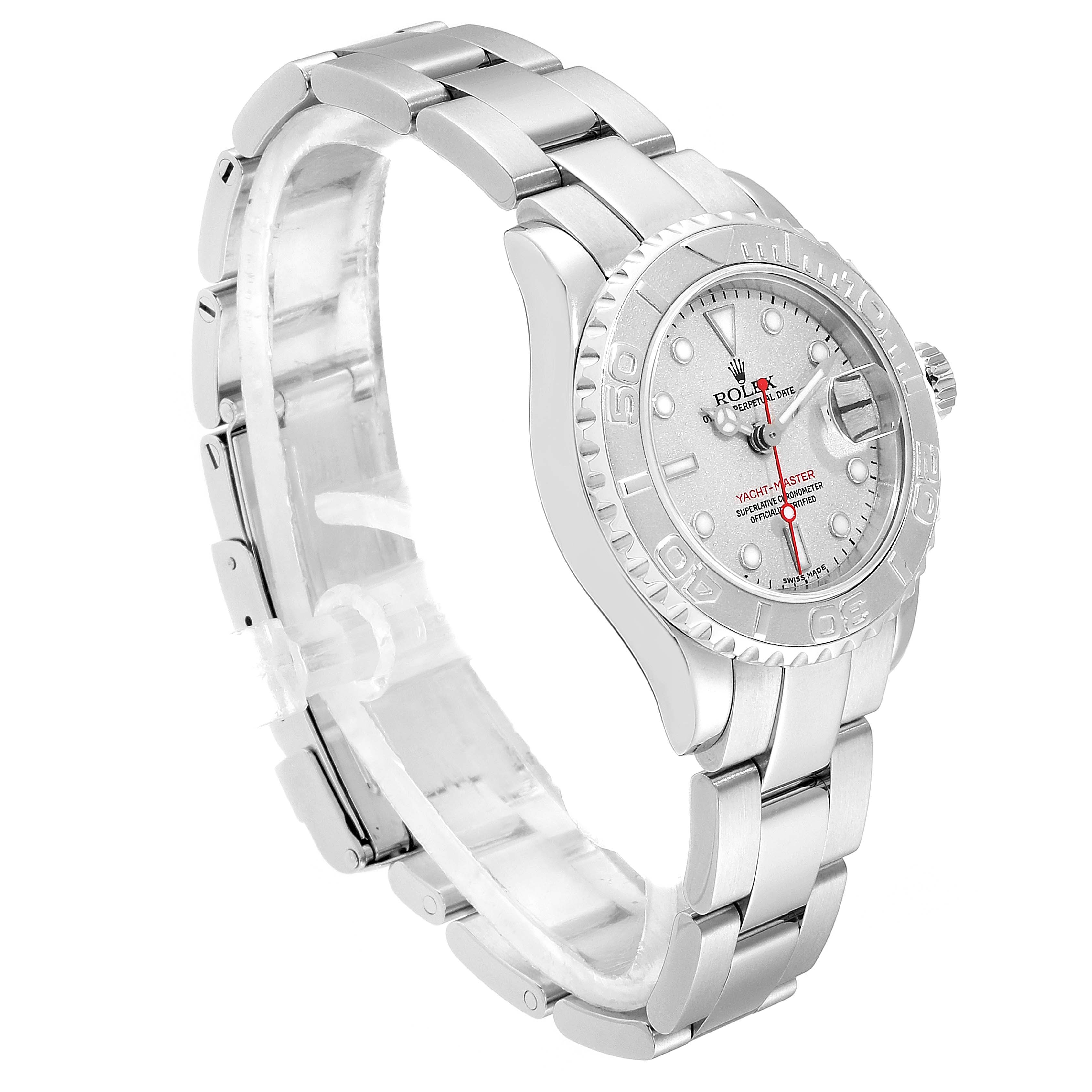 The image shows a Rolex Yacht-Master 169622 Women
s Stainless Steel Silver Dial 169622 Women
s Stainless Steel Silver Dial watch from an angled side view, showcasing the dial, bezel, and bracelet.