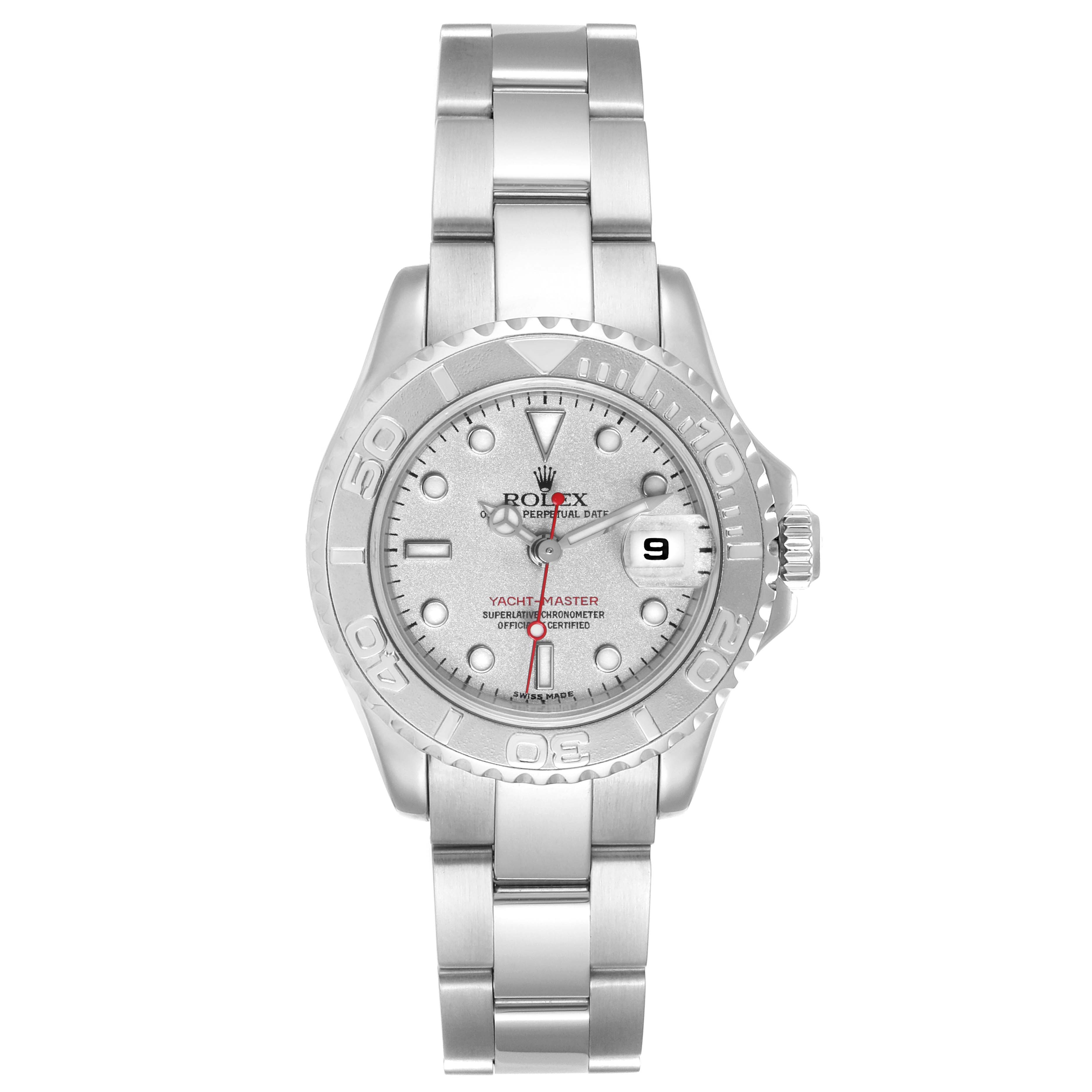 The image shows a Rolex Yacht-Master 169622 Women
s Stainless Steel Silver Dial 169622 Women
s Stainless Steel Silver Dial watch from the front, highlighting the dial, bezel, band, and crown.