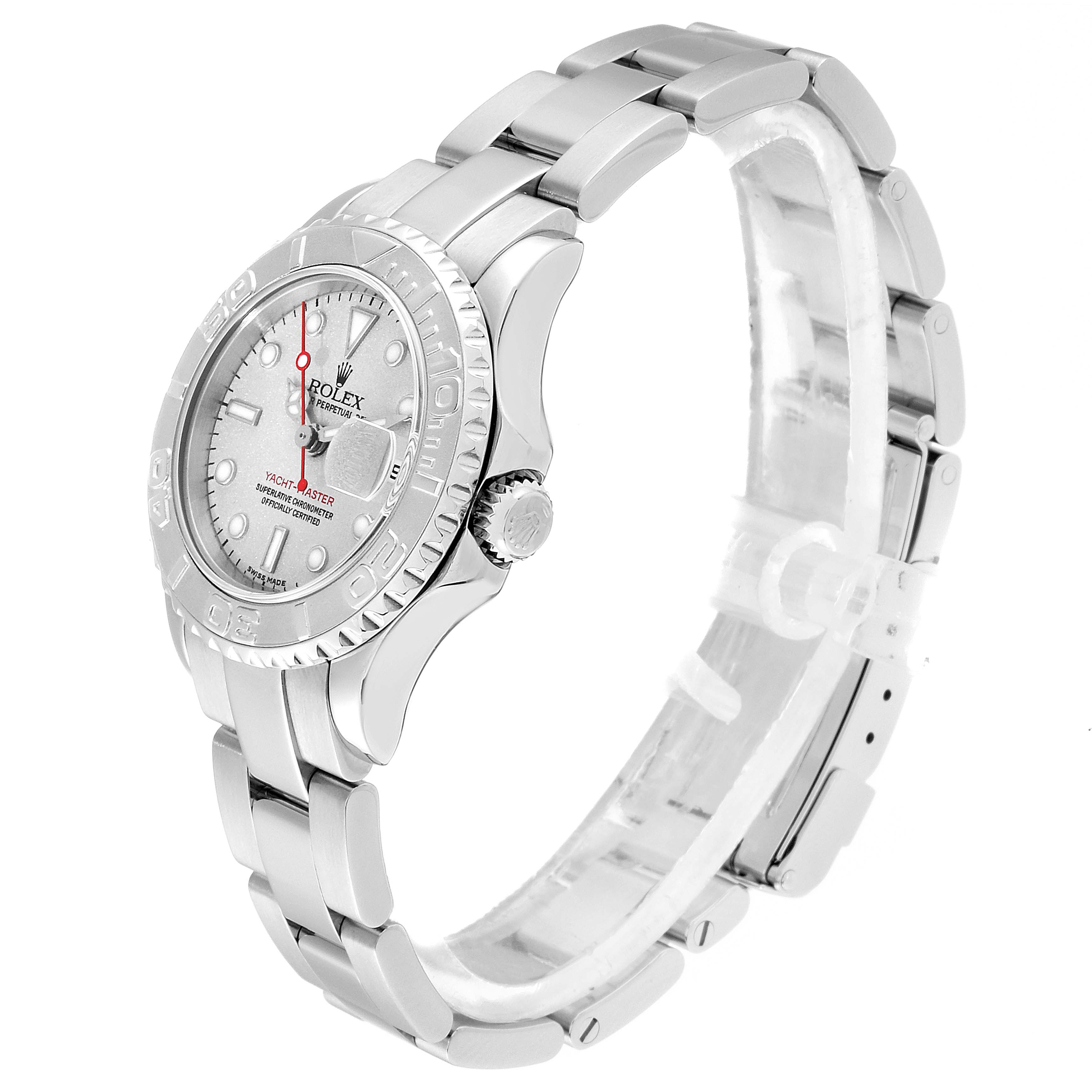 The Rolex Yacht-Master 169622 Women
s Stainless Steel Silver Dial 169622 Women
s Stainless Steel Silver Dial watch is shown at a three-quarter angle, displaying the face, bezel, crown, and bracelet.