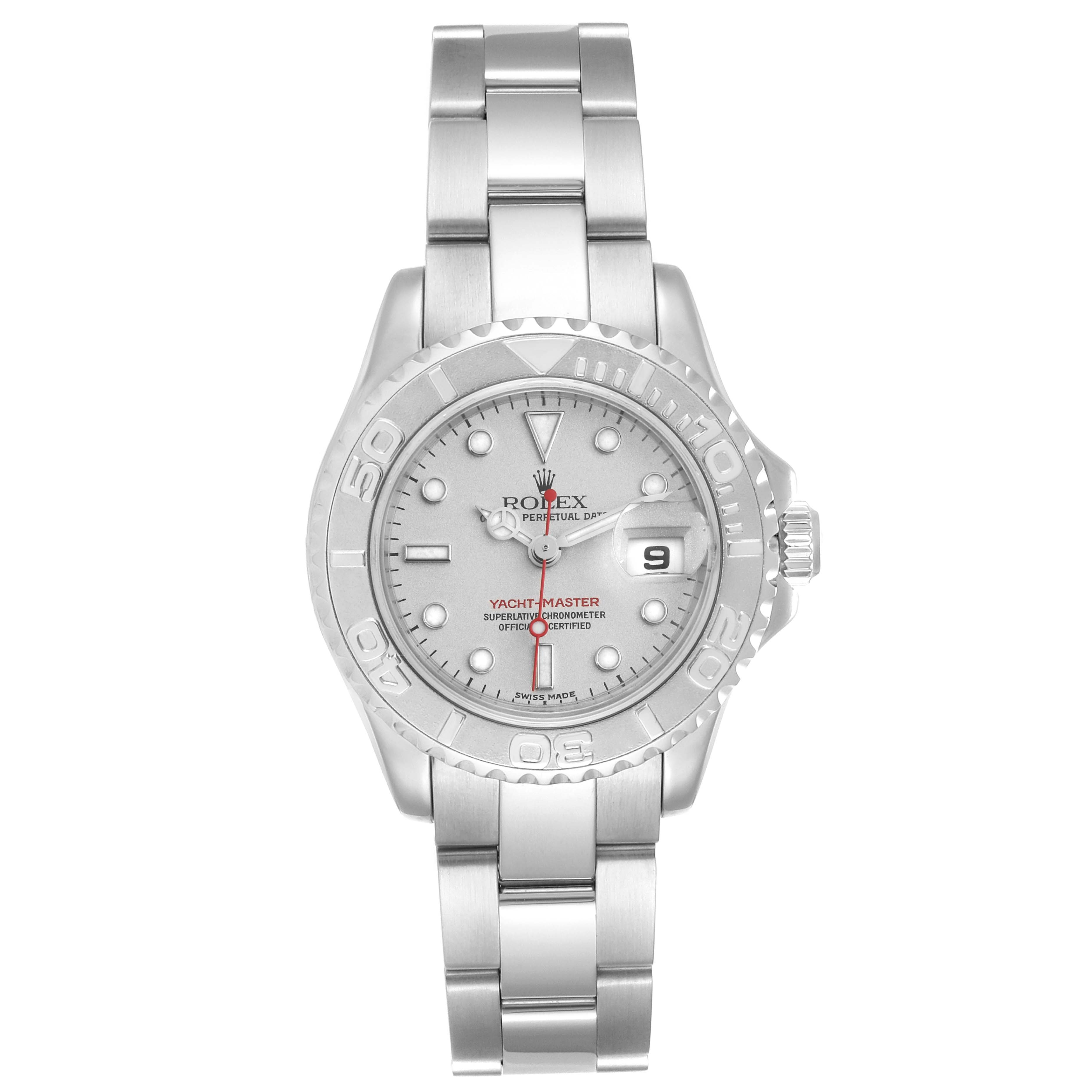 The image shows a top-down view of a Rolex Yacht-Master 169622 Women's Stainless Steel Silver Dial 169622 Women's Stainless Steel Silver Dial watch, highlighting its bezel, dial, and bracelet.