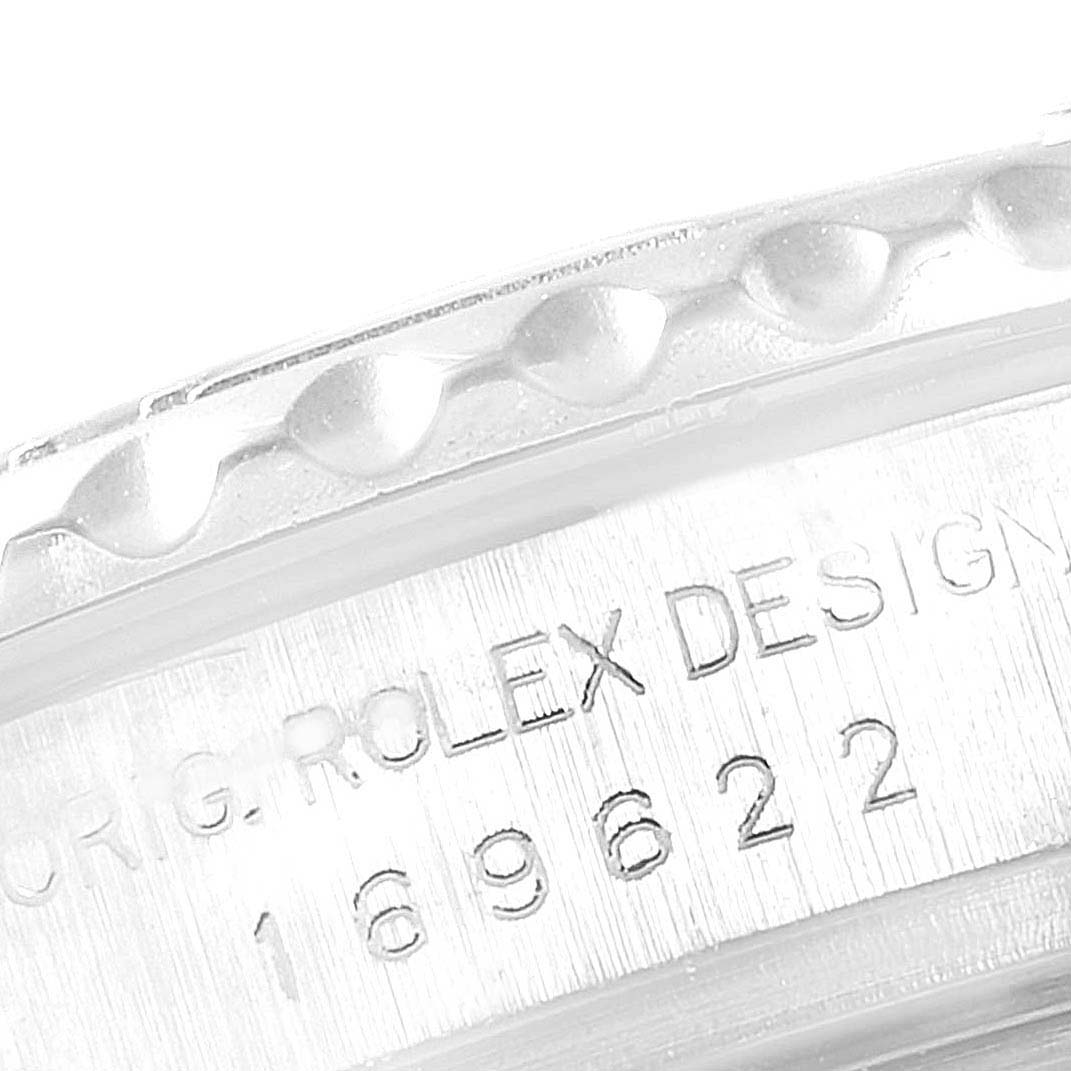 This close-up image shows the side engraving of the Rolex Yacht-Master 169622 Women's Stainless Steel Silver Dial 169622 Women's Stainless Steel Silver Dial watch, displaying its model number and design details.