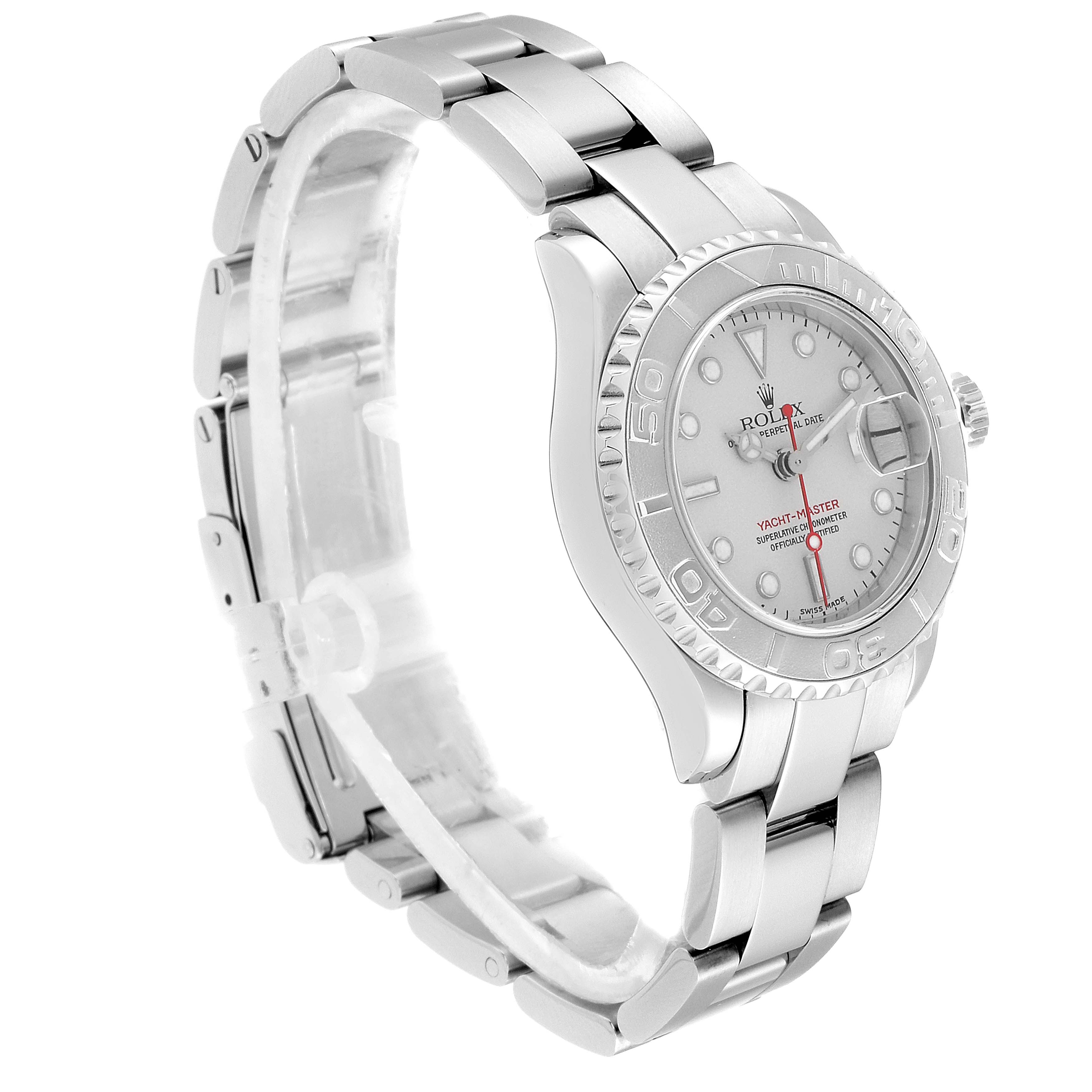 This image shows a side angle of a Rolex Yacht-Master 169622 Women's Stainless Steel Silver Dial 169622 Women's Stainless Steel Silver Dial watch, highlighting its bracelet, bezel, dial, and clasp.