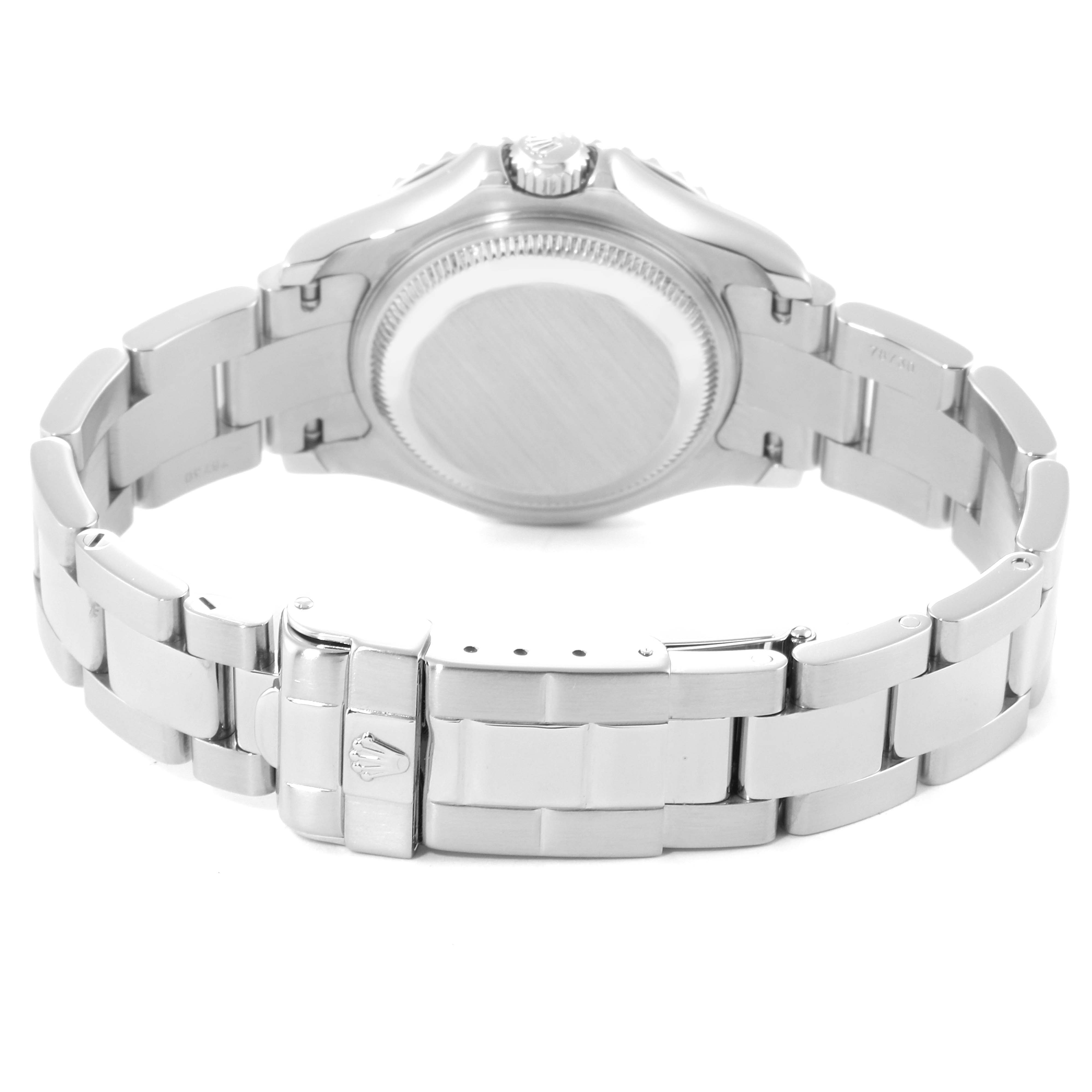 This image shows the back view of a Rolex Yacht-Master 169622 Women's Stainless Steel Silver Dial 169622 Women's Stainless Steel Silver Dial watch, highlighting the clasp and bracelet.
