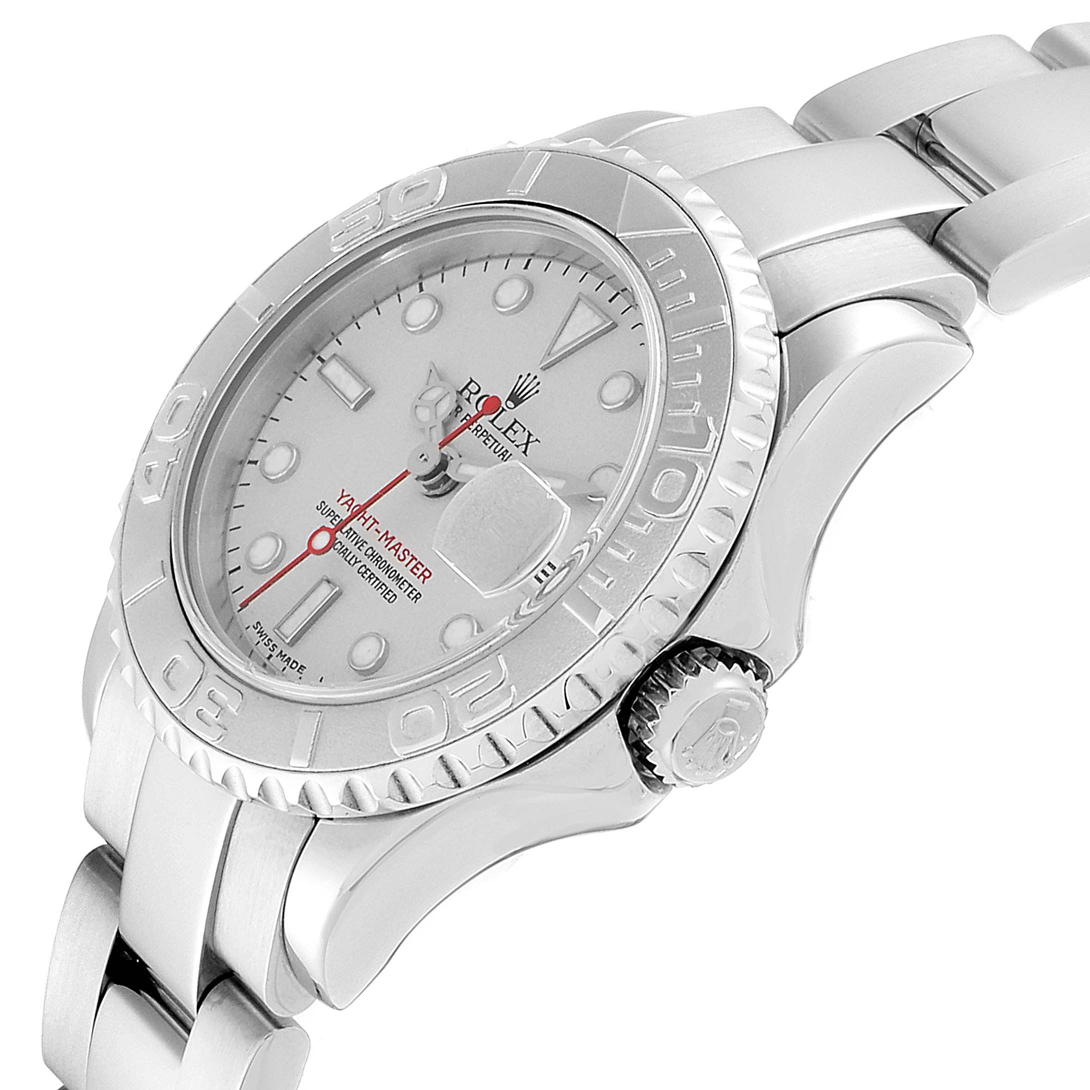 The image shows a side angle of the Rolex Yacht-Master 169622 Women's Stainless Steel Silver Dial 169622 Women's Stainless Steel Silver Dial watch, highlighting the face, bezel, crown, and a portion of the bracelet.