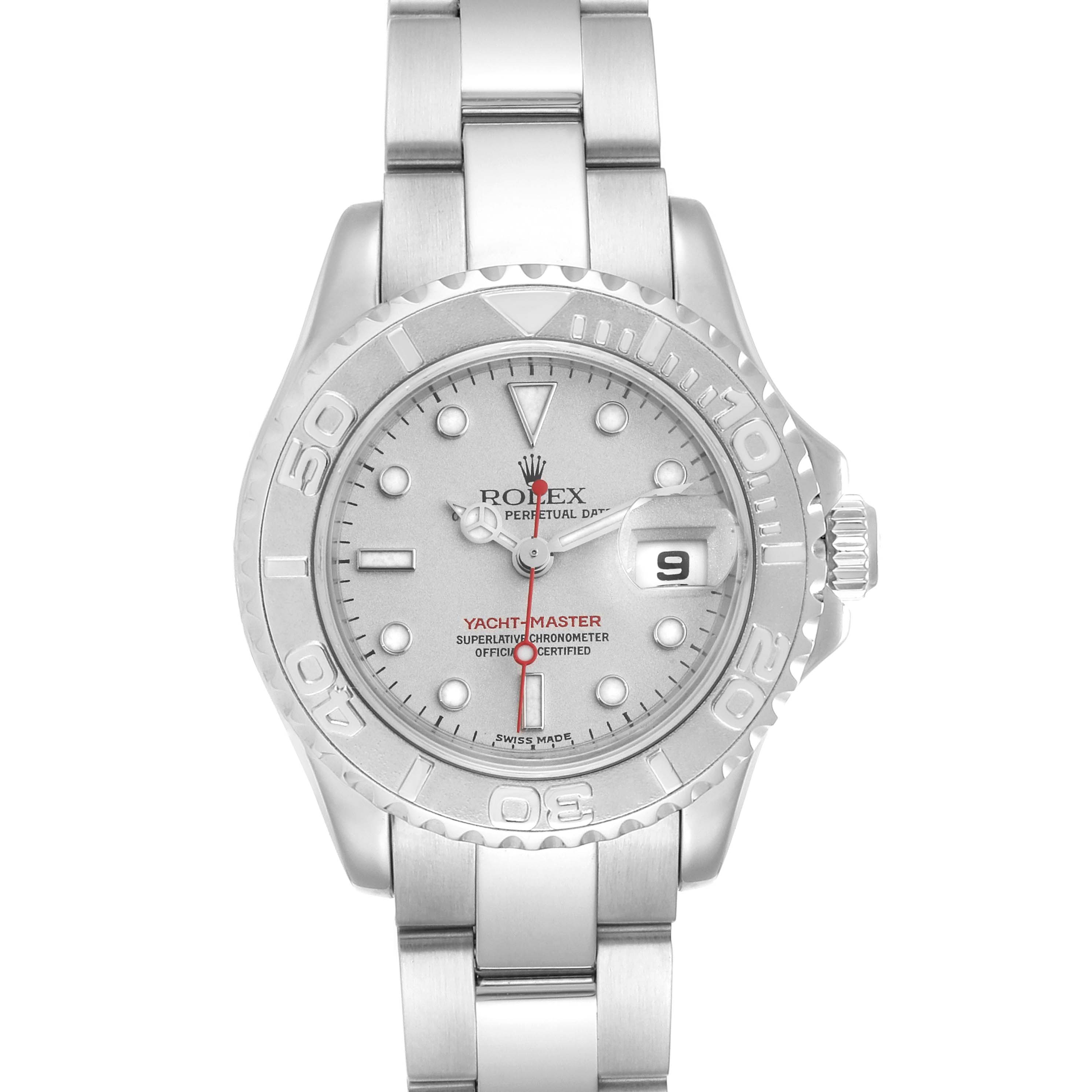 The image shows a front view of a Rolex Yacht-Master 169622 Women's Stainless Steel Silver Dial 169622 Women's Stainless Steel Silver Dial watch, highlighting its dial, bezel, and bracelet.
