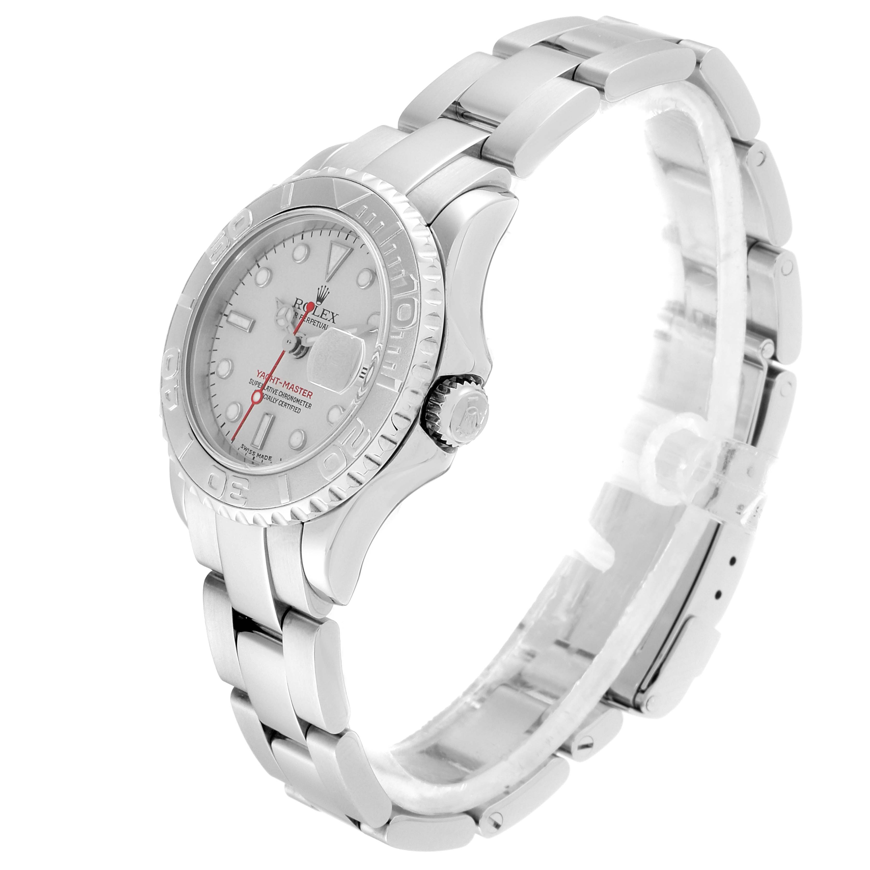 The Rolex Yacht-Master 169622 Women's Stainless Steel Silver Dial 169622 Women's Stainless Steel Silver Dial watch is shown at a three-quarter angle, displaying the face, bezel, crown, and bracelet.