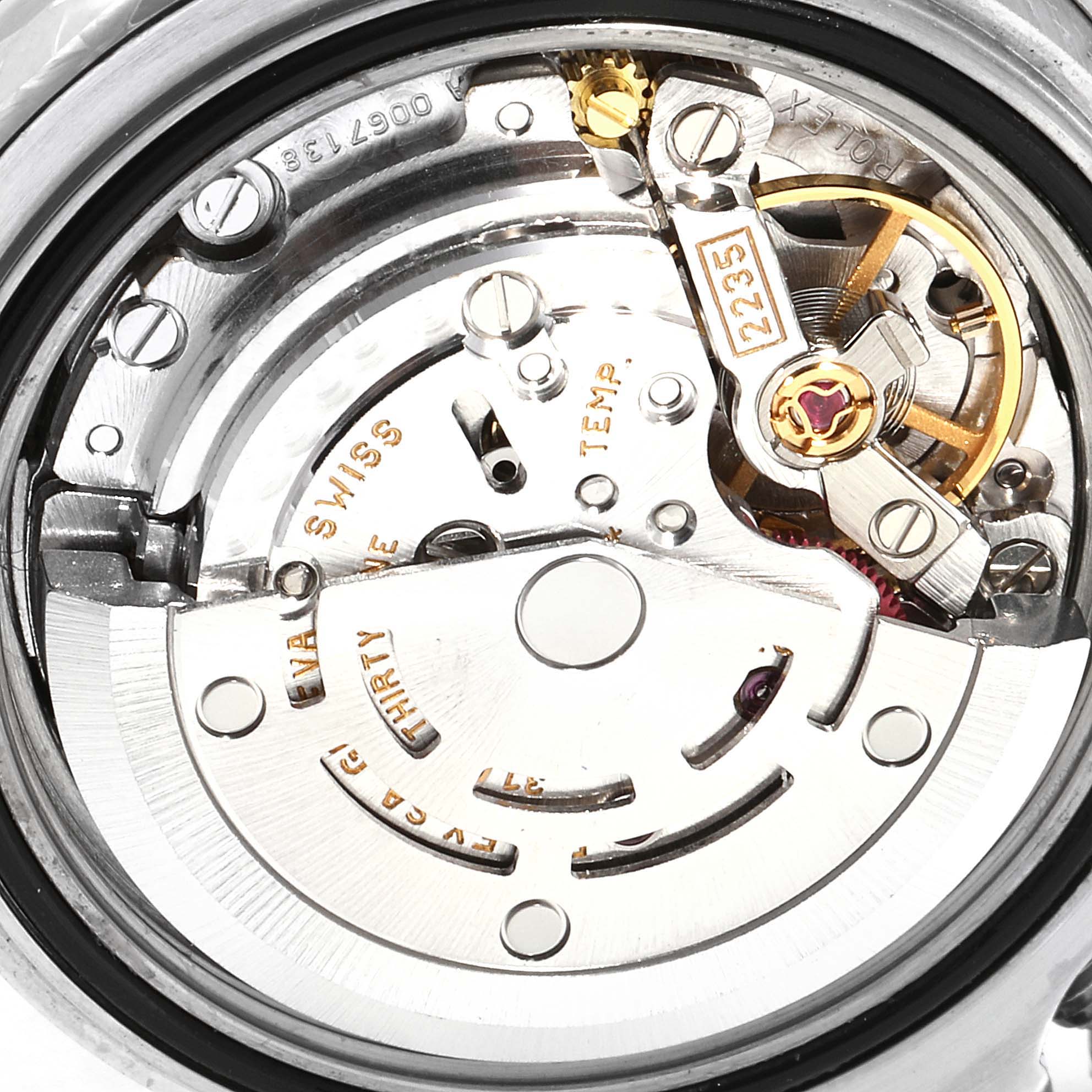 This image shows a close-up view of the movement and internal components of the Rolex Yacht-Master 169622 Women's Stainless Steel Silver Dial 169622 Women's Stainless Steel Silver Dial watch.