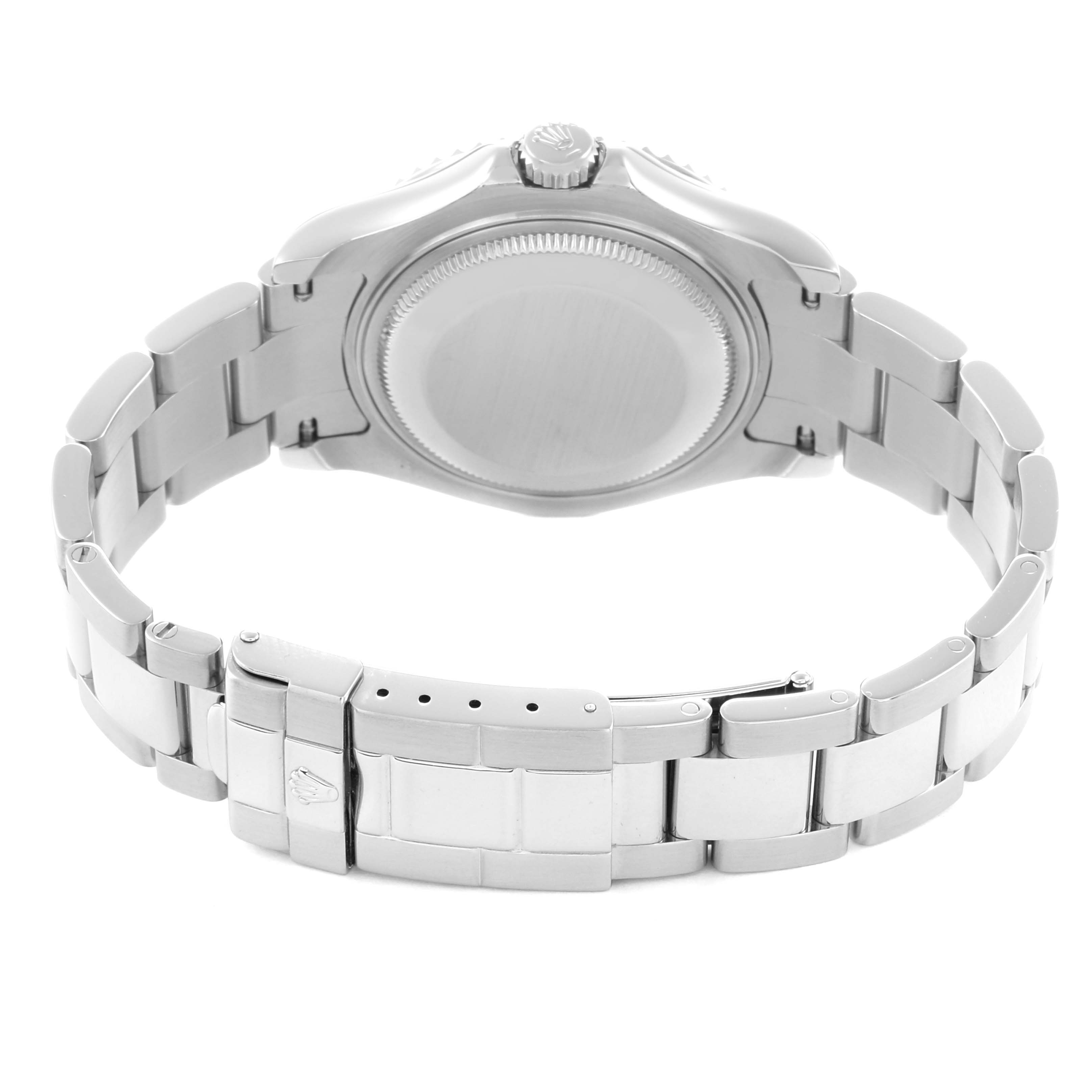 The image shows the back view of a Rolex Yacht-Master 168622 Men
s Stainless Steel Silver Dial watch, highlighting the case back and clasp of the bracelet.