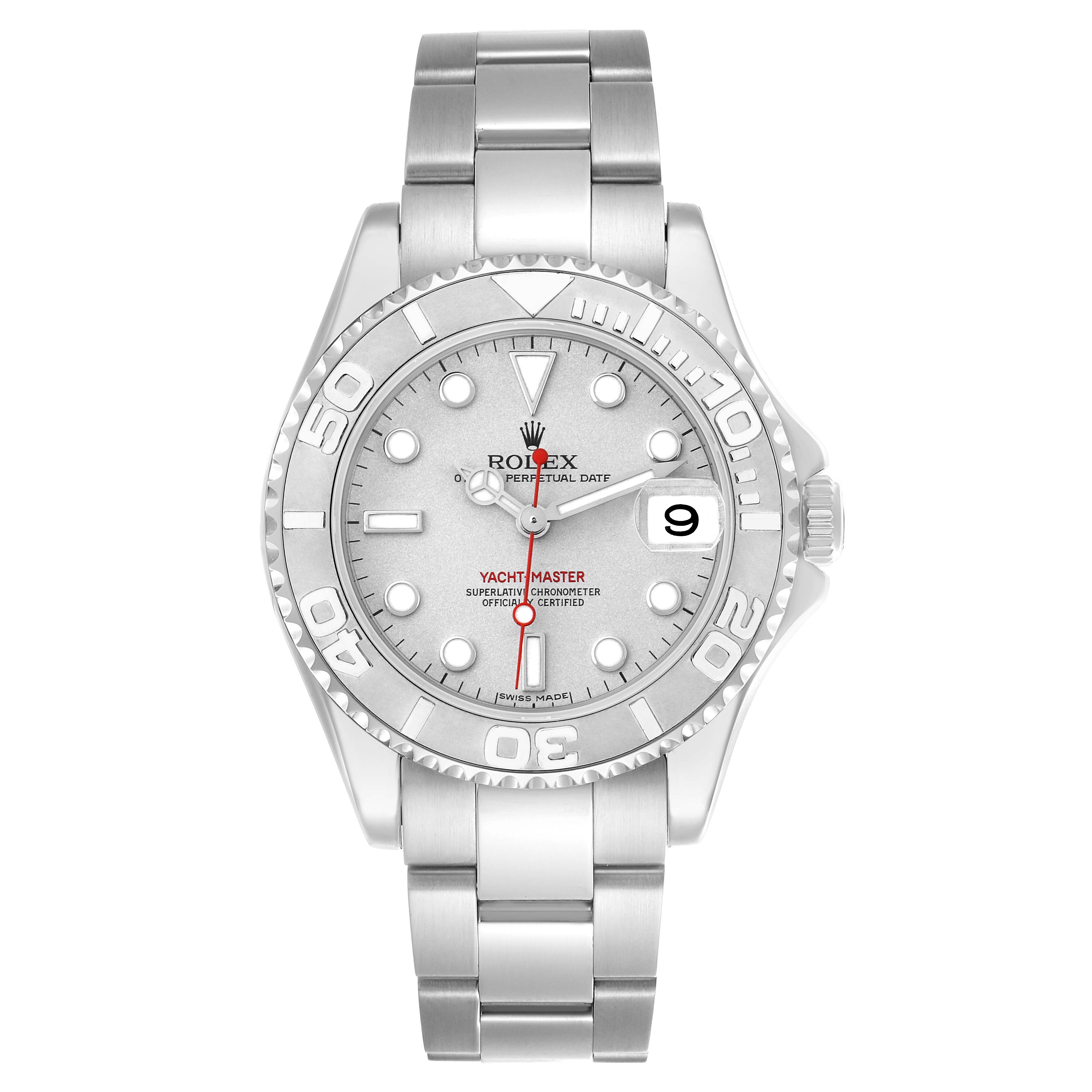 The Rolex Yacht-Master 168622 Men
s Stainless Steel Silver Dial watch is shown from a top view, displaying its bezel, dial, hands, and bracelet.