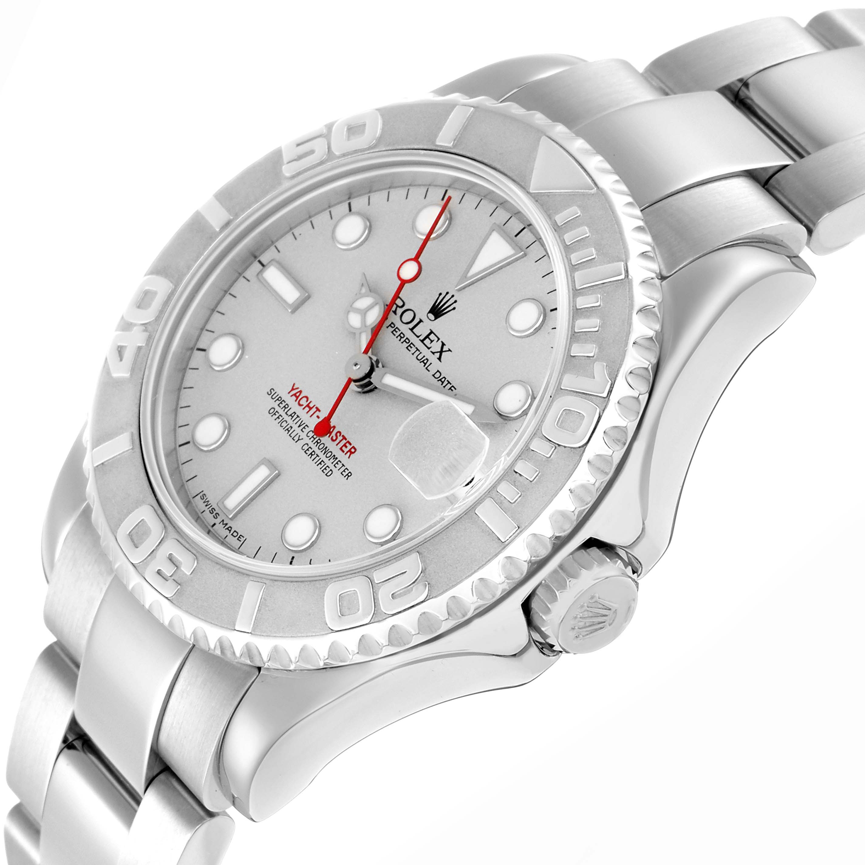 The Rolex Yacht-Master 168622 Men
s Stainless Steel Silver Dial watch is shown at a slight angle, highlighting the face, bezel, and part of the bracelet.
