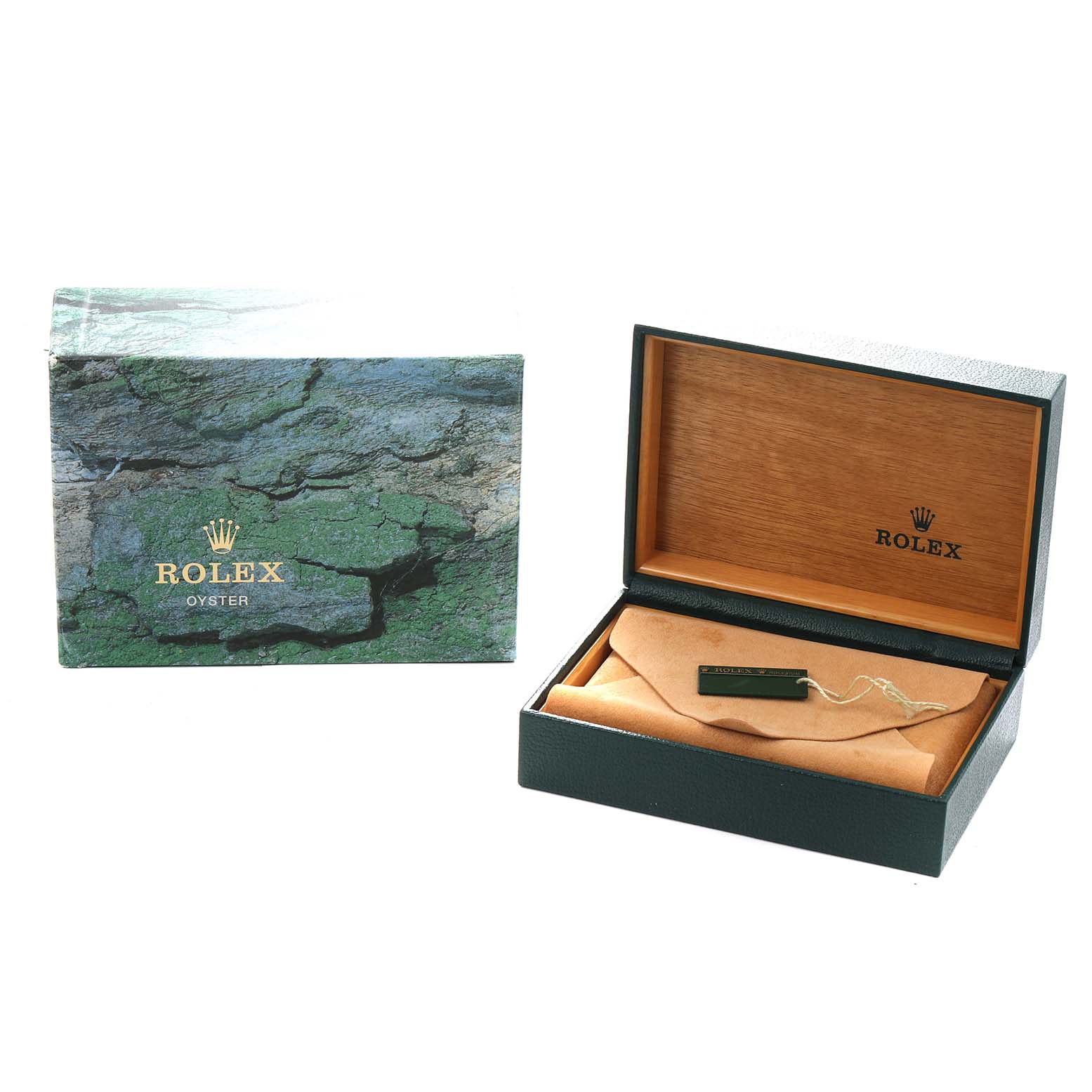 The image shows a Rolex Yacht-Master 168622 Men
s Stainless Steel Silver Dial box and its open interior, with no watch visible.