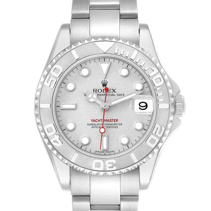 The Rolex Yacht-Master 168622 Men's Stainless Steel Silver Dial watch is shown from the front, displaying the dial, bezel, and part of the bracelet.