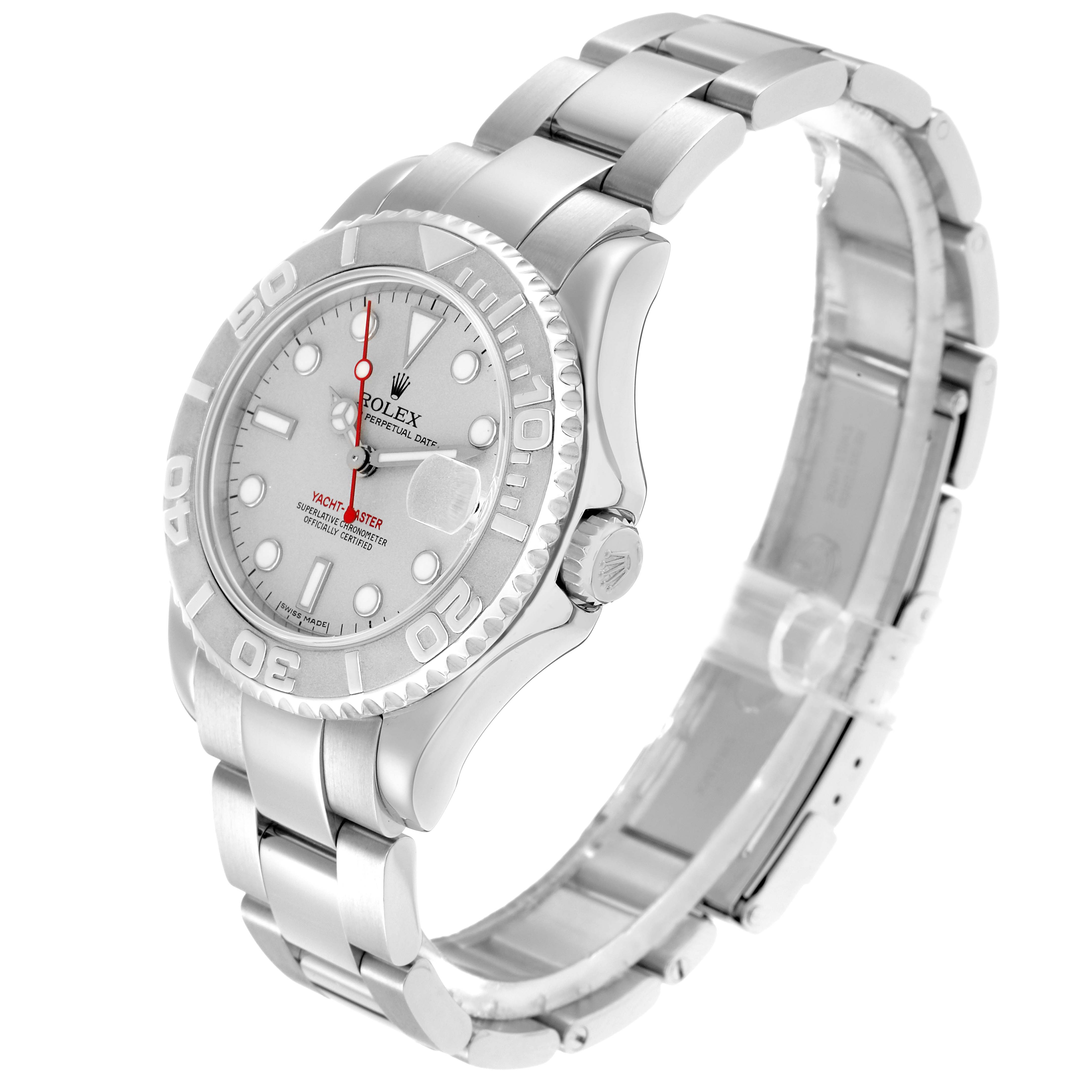 The Rolex Yacht-Master 168622 Men
s Stainless Steel Silver Dial watch is shown at a three-quarter angle, highlighting the dial, bezel, and bracelet.