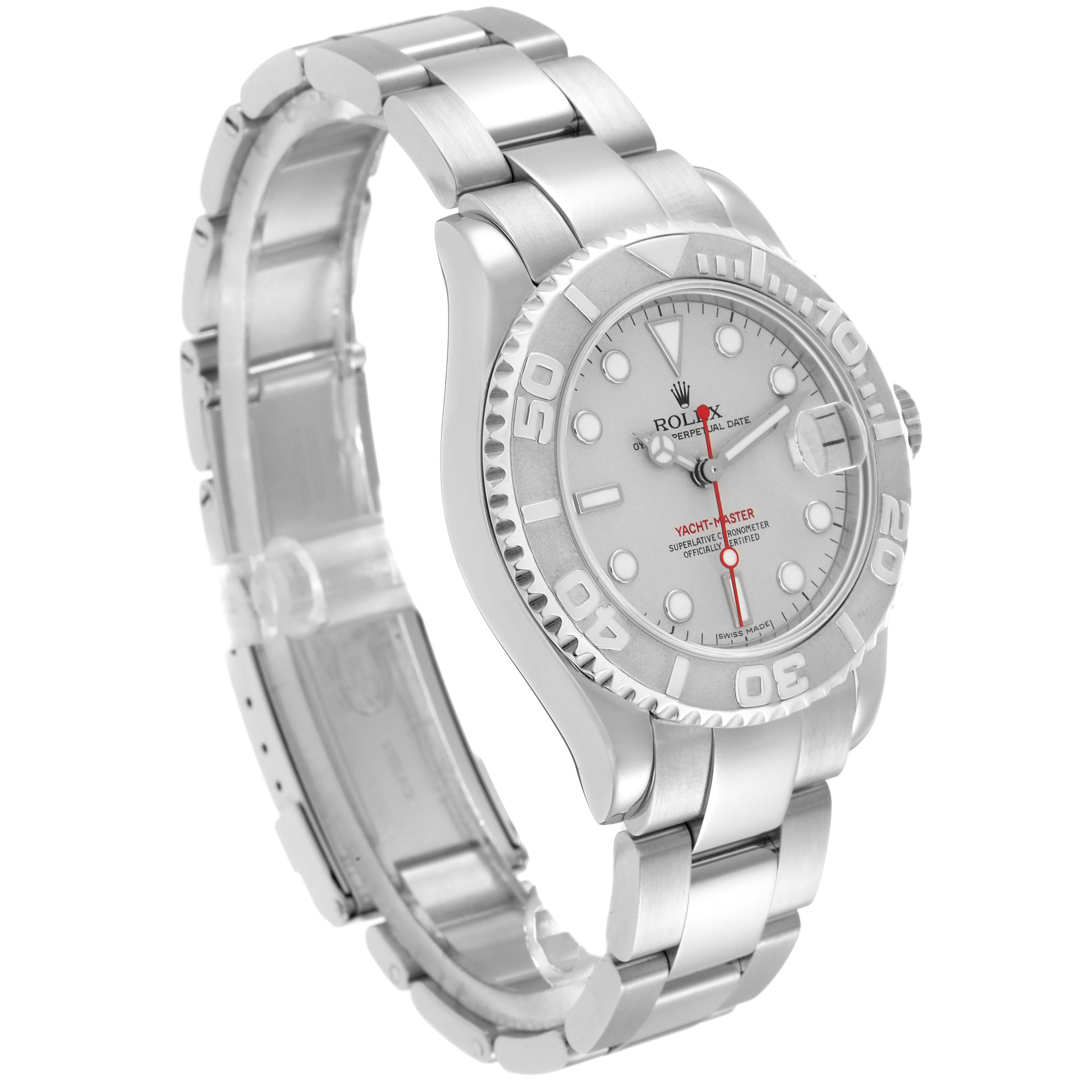 The Rolex Yacht-Master 168622 Men
s Stainless Steel Silver Dial watch is shown from a three-quarter angle, highlighting the face, bezel, and bracelet.