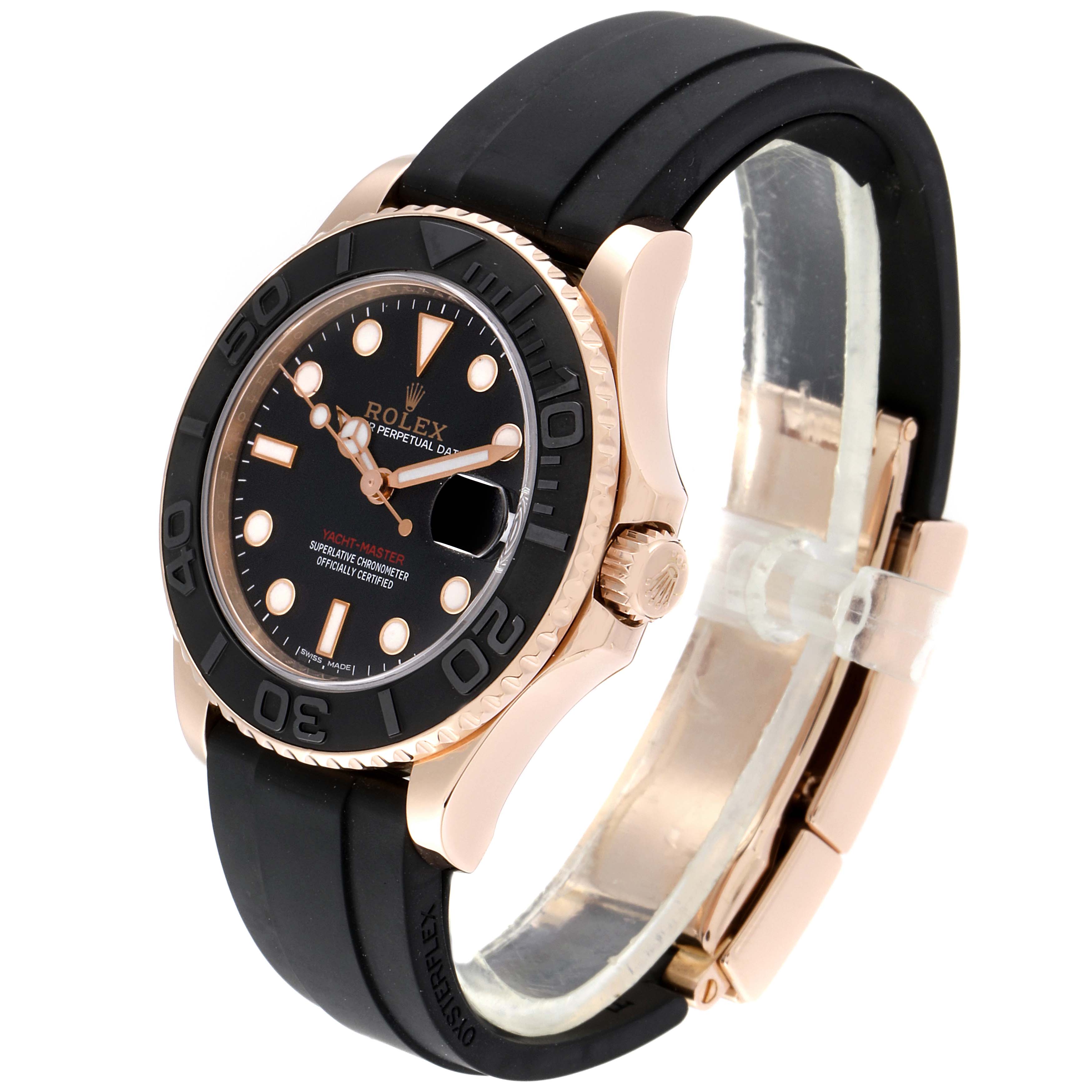 This image shows a side angle of a Rolex Yacht-Master 268655 Men's Rose Gold Black Dial 268655 Men's Rose Gold Black Dial watch, highlighting the band, case, bezel, and dial.