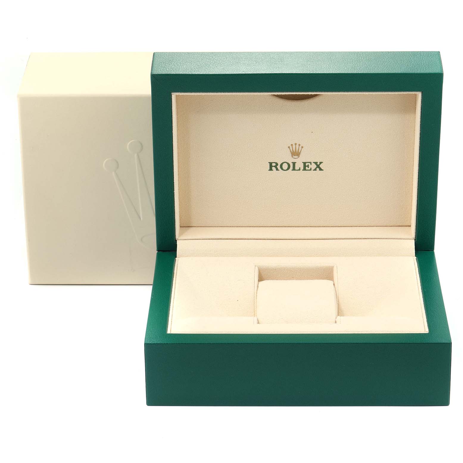 This image shows an open, empty Rolex box designed for the Yacht-Master model with the brand's logo inside.