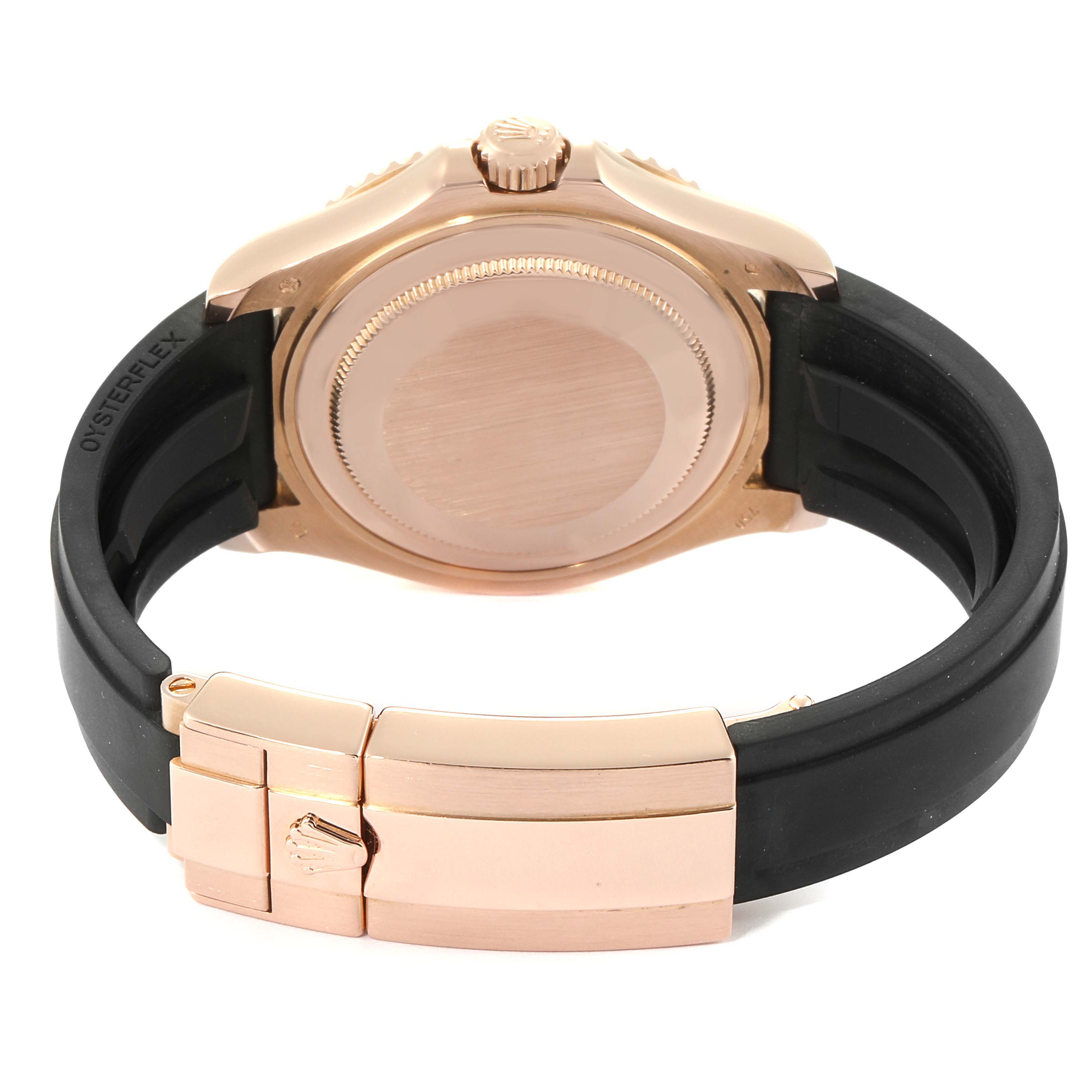 The image shows the back case and strap of a Rolex Yacht-Master 268655 Men's Rose Gold Black Dial 268655 Men's Rose Gold Black Dial watch from a rear angle.