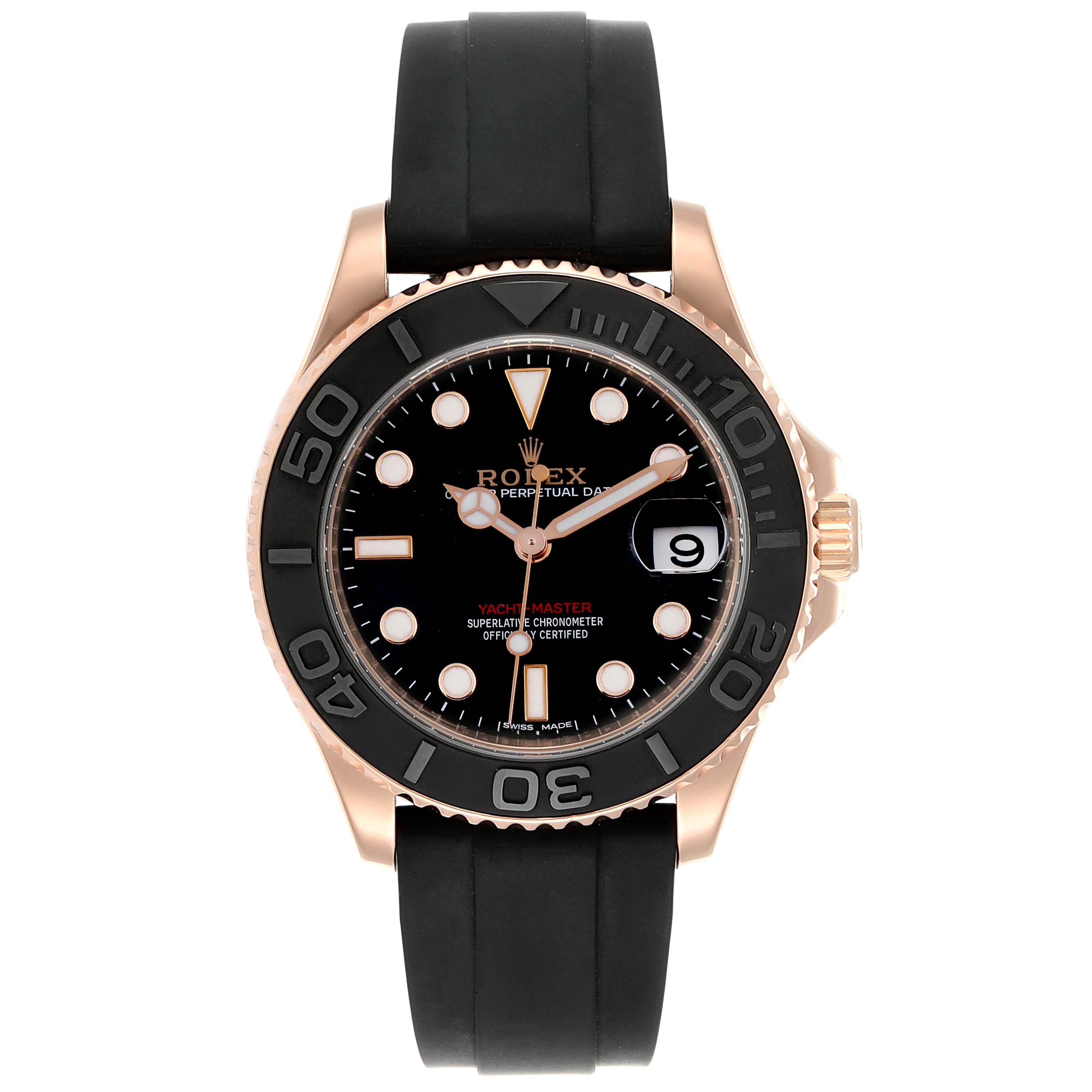 The image shows a frontal view of a Rolex Yacht-Master 268655 Men's Rose Gold Black Dial 268655 Men's Rose Gold Black Dial watch, highlighting the dial, bezel, and rubber strap.
