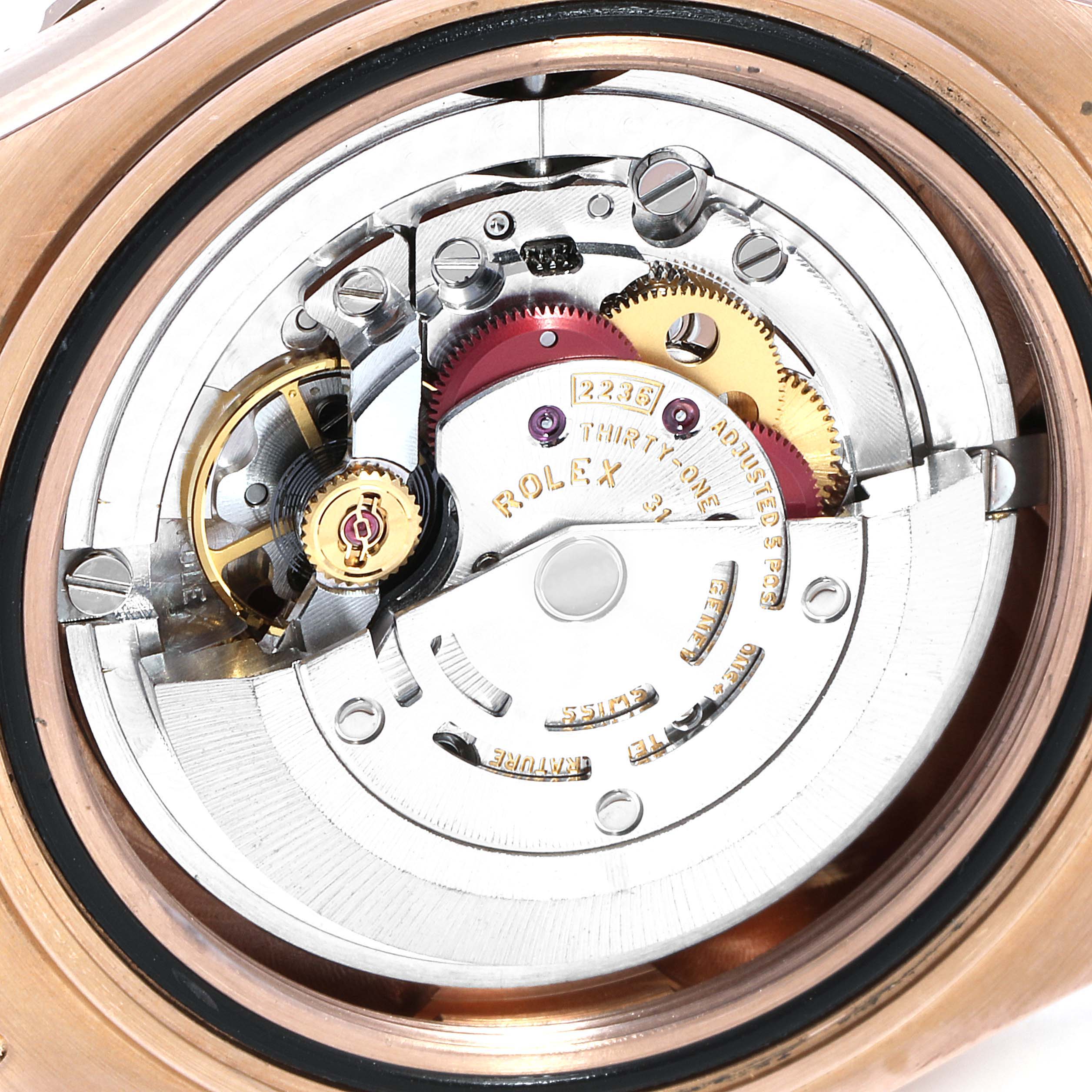This image shows a close-up view of the inner mechanics of a Rolex Yacht-Master 268655 Men's Rose Gold Black Dial 268655 Men's Rose Gold Black Dial watch.