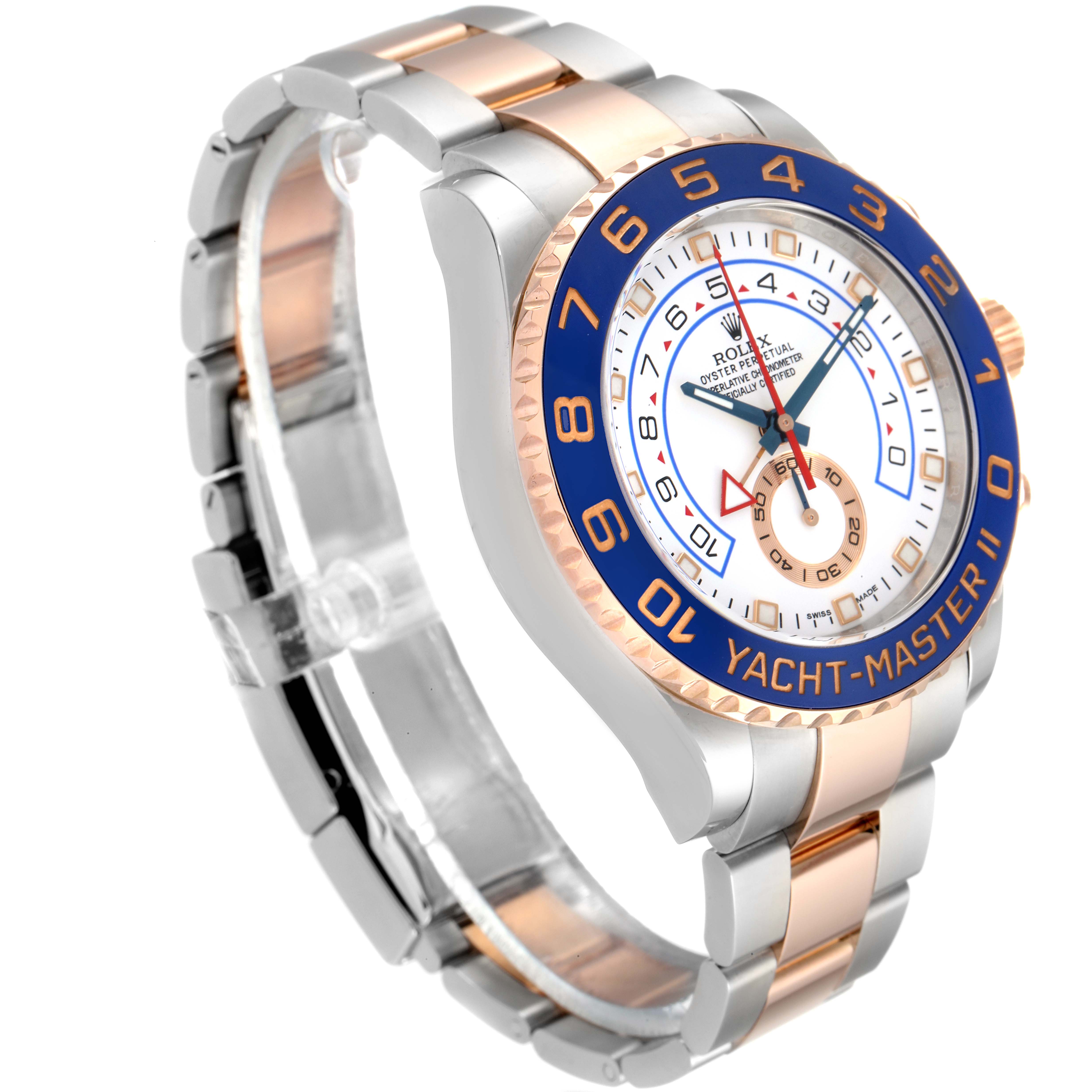 The Rolex Yacht-Master 116681 Men's Steel and Gold (two tone) White Dial 116681 Men's Steel and Gold (two tone) White Dial watch is shown at an angle highlighting its face, bezel, and two-tone bracelet.
