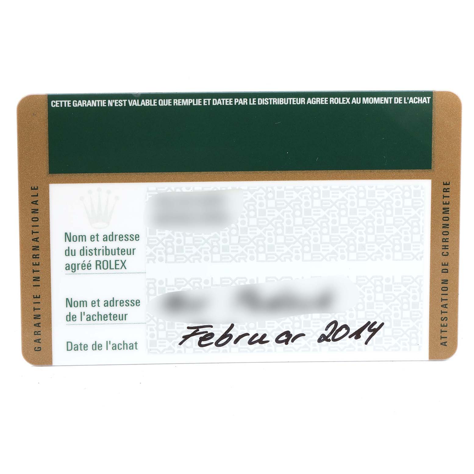 This image shows an international guarantee card for a Rolex Yacht-Master 116681 Men's Steel and Gold (two tone) White Dial 116681 Men's Steel and Gold (two tone) White Dial watch, featuring the dealer's and buyer's information.