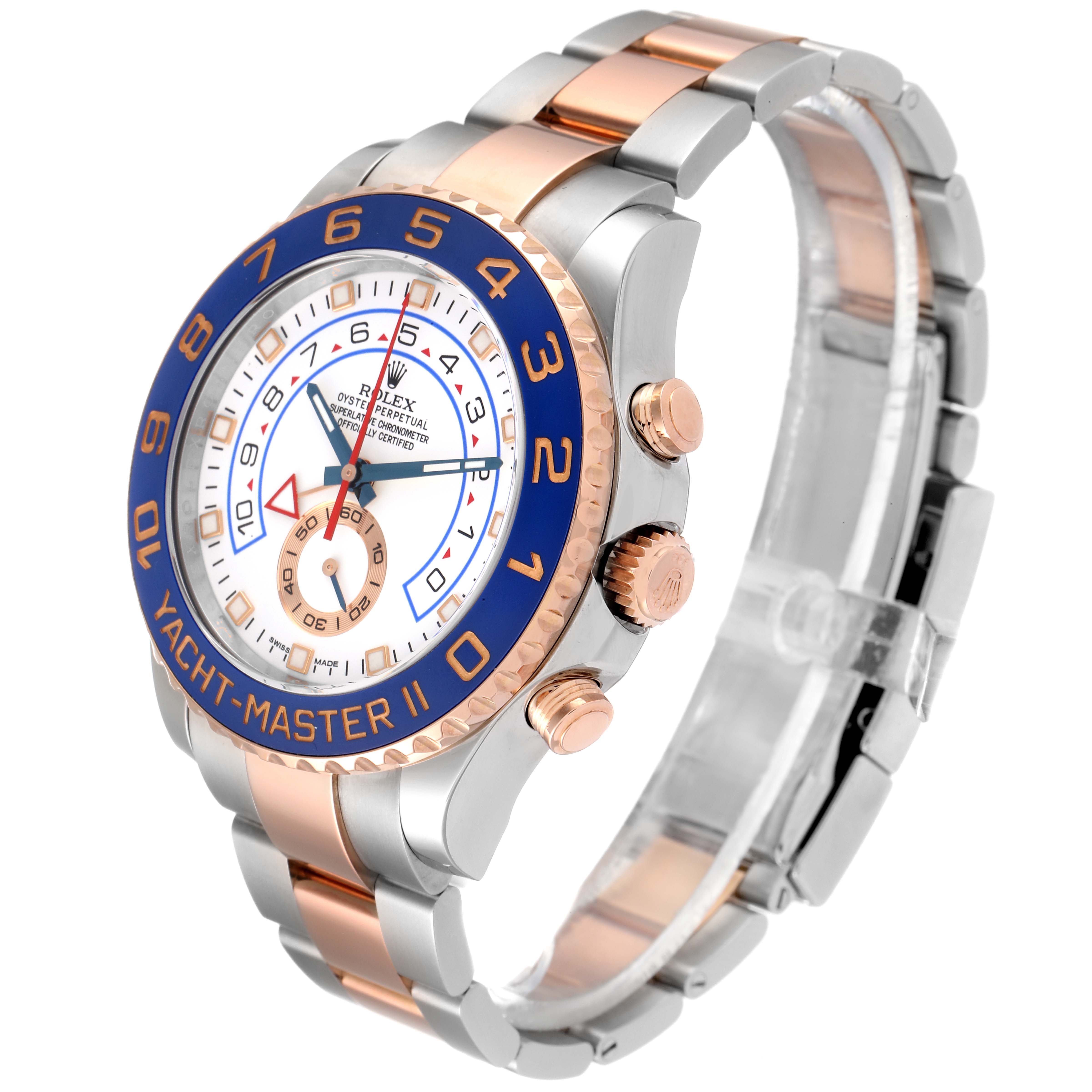 The image shows a Rolex Yacht-Master 116681 Men's Steel and Gold (two tone) White Dial 116681 Men's Steel and Gold (two tone) White Dial watch angled slightly to the left, highlighting the face, bezel, crown, and bracelet.