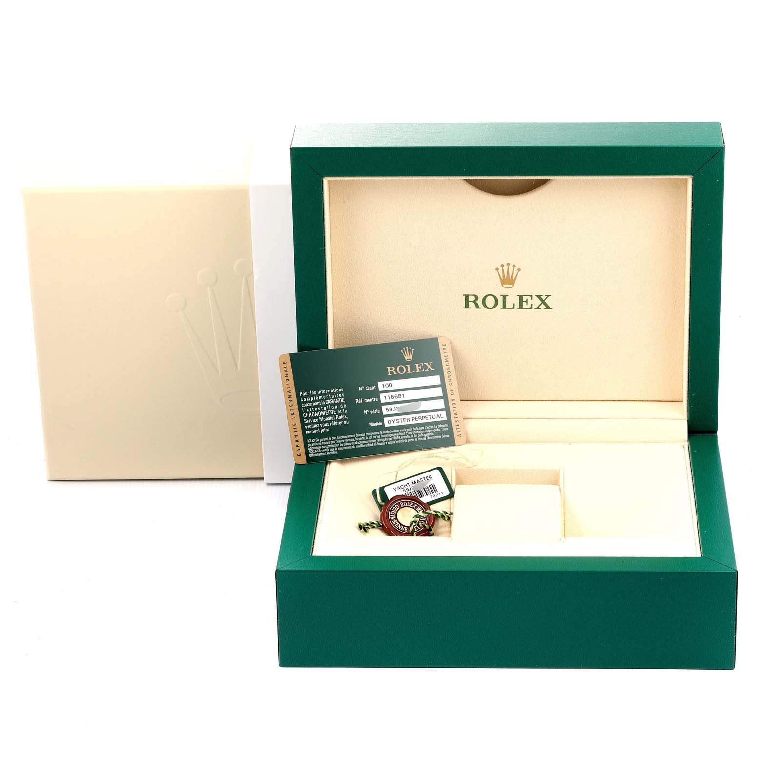 The image shows the open box and accompanying accessories for a Rolex Yacht-Master 116681 Men's Steel and Gold (two tone) White Dial 116681 Men's Steel and Gold (two tone) White Dial watch from a frontal angle.