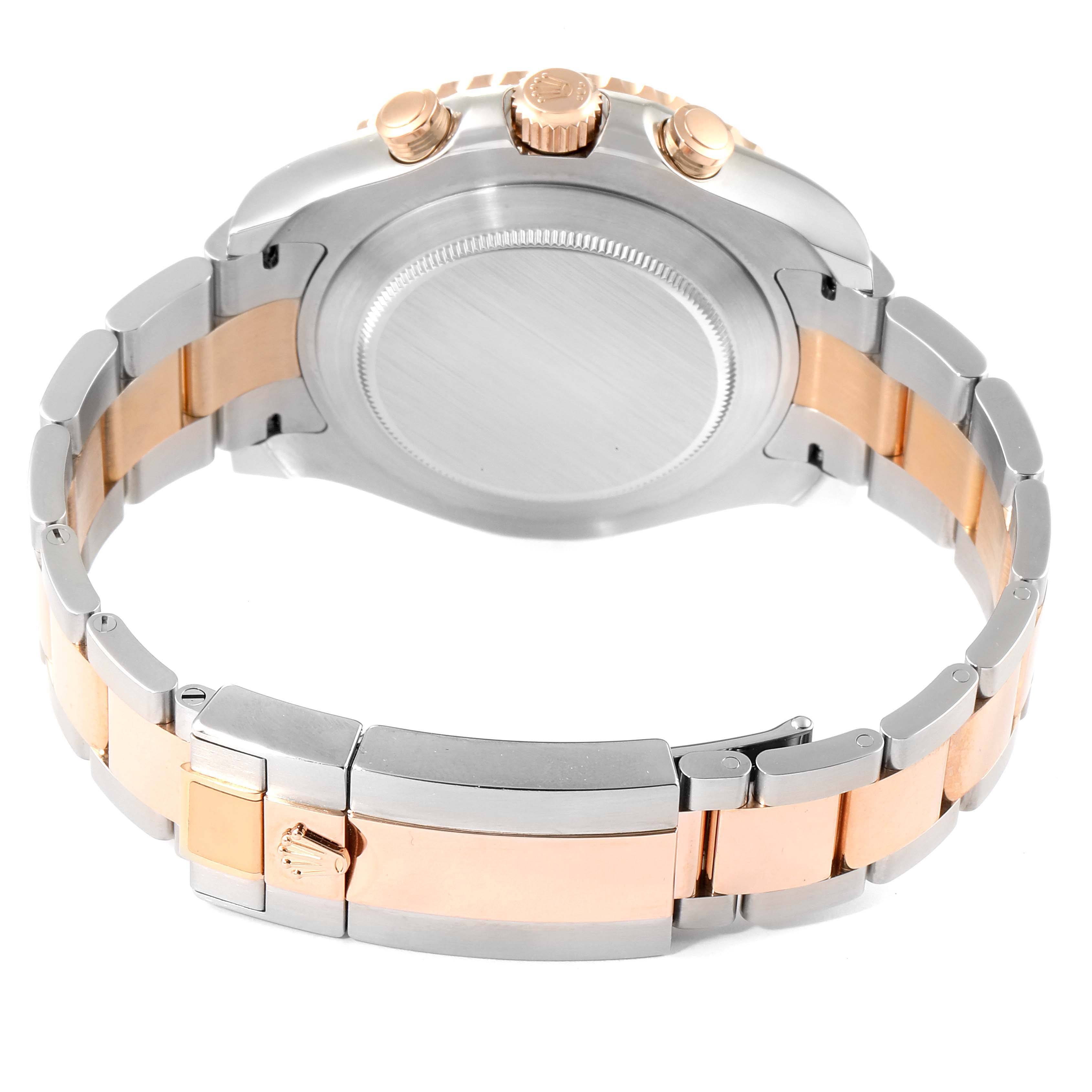 The image shows the backside of a Rolex Yacht-Master 116681 Men's Steel and Gold (two tone) White Dial 116681 Men's Steel and Gold (two tone) White Dial watch and its two-tone bracelet with the clasp visible.