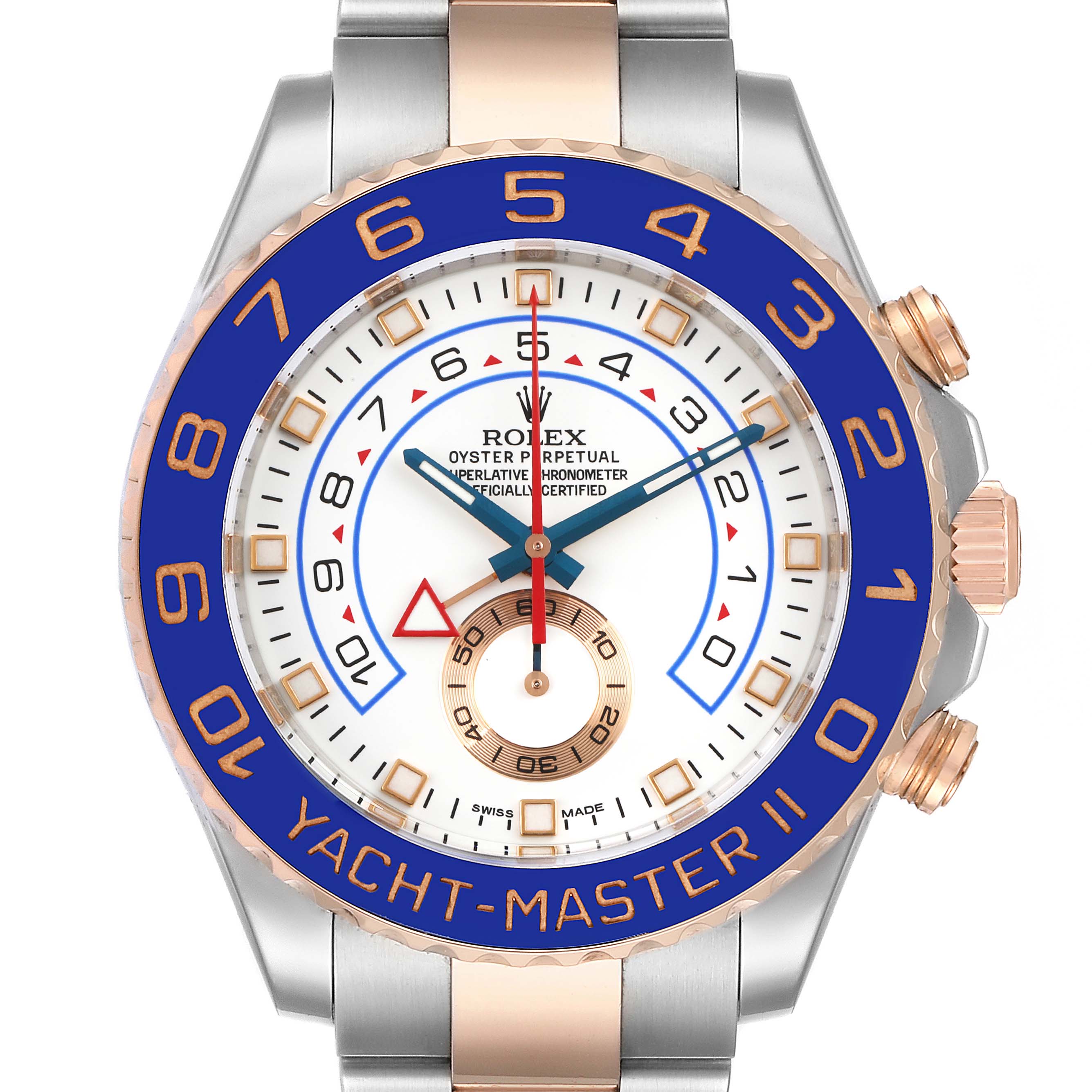 The image shows a front view of the Rolex Yacht-Master 116681 Men's Steel and Gold (two tone) White Dial 116681 Men's Steel and Gold (two tone) White Dial watch, highlighting its blue and gold bezel and white dial with various chronograph features.