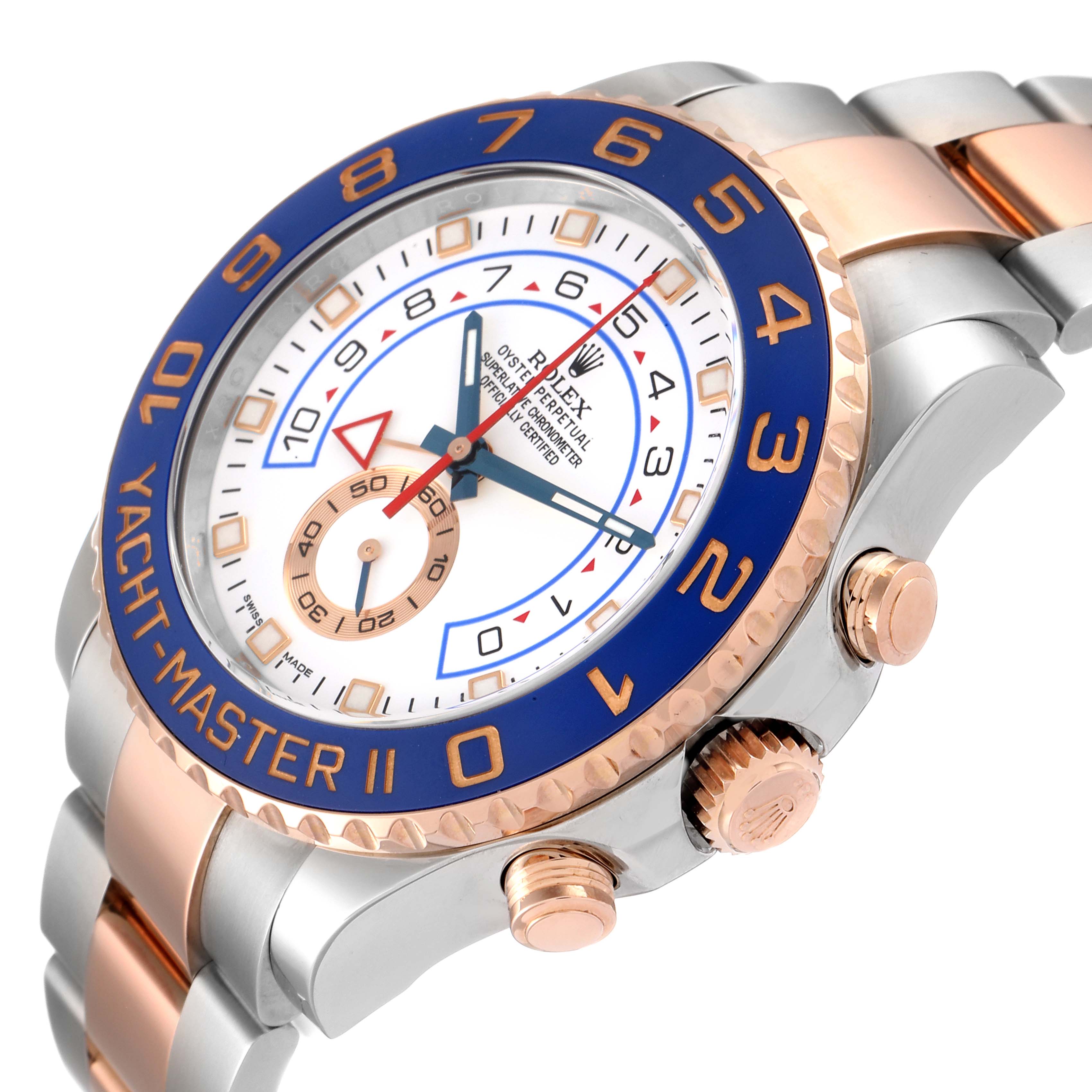 The Rolex Yacht-Master 116681 Men's Steel and Gold (two tone) White Dial 116681 Men's Steel and Gold (two tone) White Dial watch is shown at an angled close-up, highlighting the face, bezel, crown, and part of the bracelet.