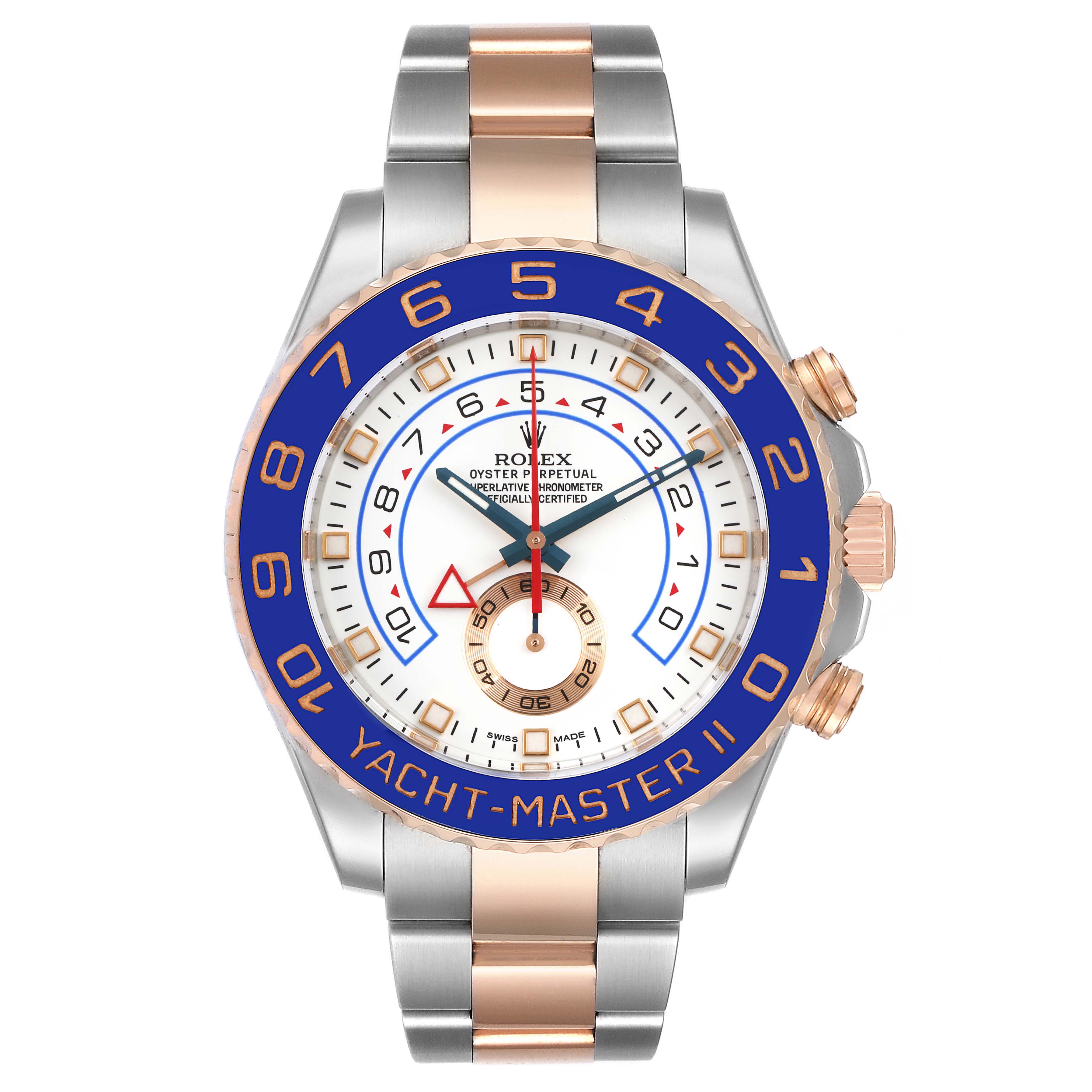 This image shows a front view of the Rolex Yacht-Master 116681 Men's Steel and Gold (two tone) White Dial 116681 Men's Steel and Gold (two tone) White Dial II watch, featuring a blue bezel, white dial, and two-tone bracelet.