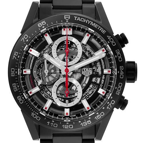 The image shows a frontal view of a TAG Heuer Carrera watch, highlighting its intricate dial and tachymeter bezel.