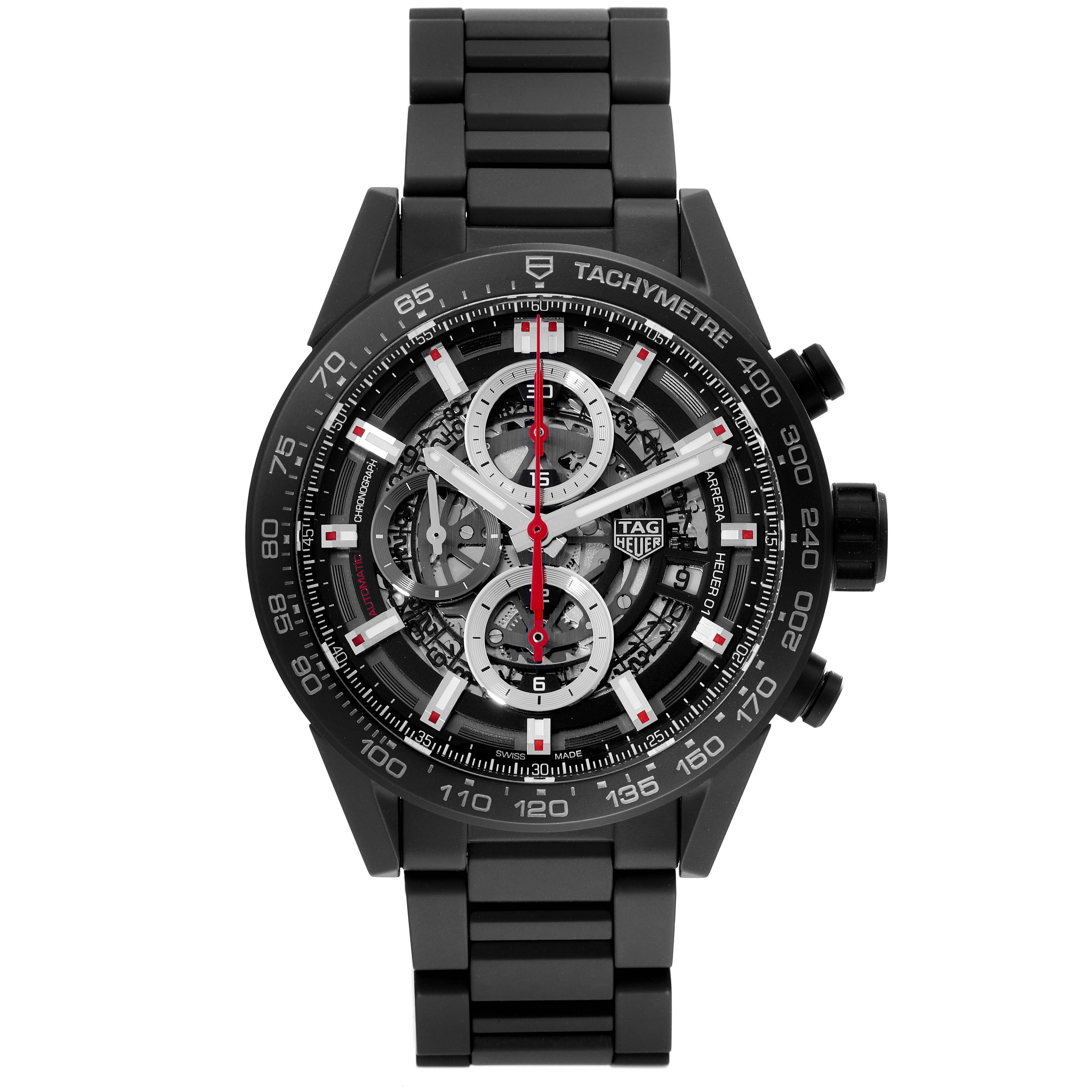 This is a front view of a Tag Heuer Carrera CAR2090 Men's Stainless Steel Black Dial CAR2090 Men's Stainless Steel Black Dial model watch displaying its dial, bezel, and bracelet.