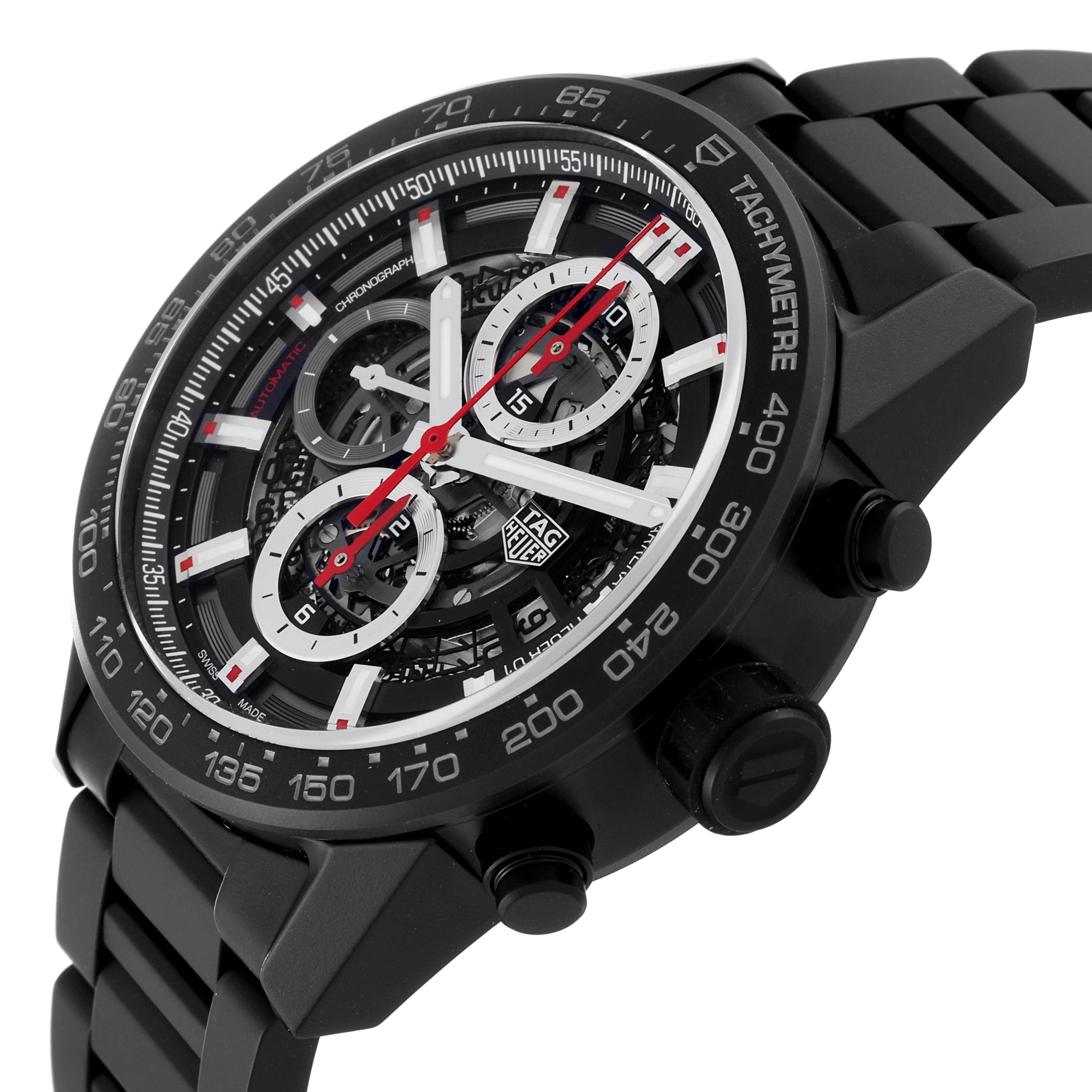 The image shows a side view of the Tag Heuer Carrera CAR2090 Men's Stainless Steel Black Dial CAR2090 Men's Stainless Steel Black Dial watch, highlighting its black casing, tachymeter bezel, and chronograph dials.