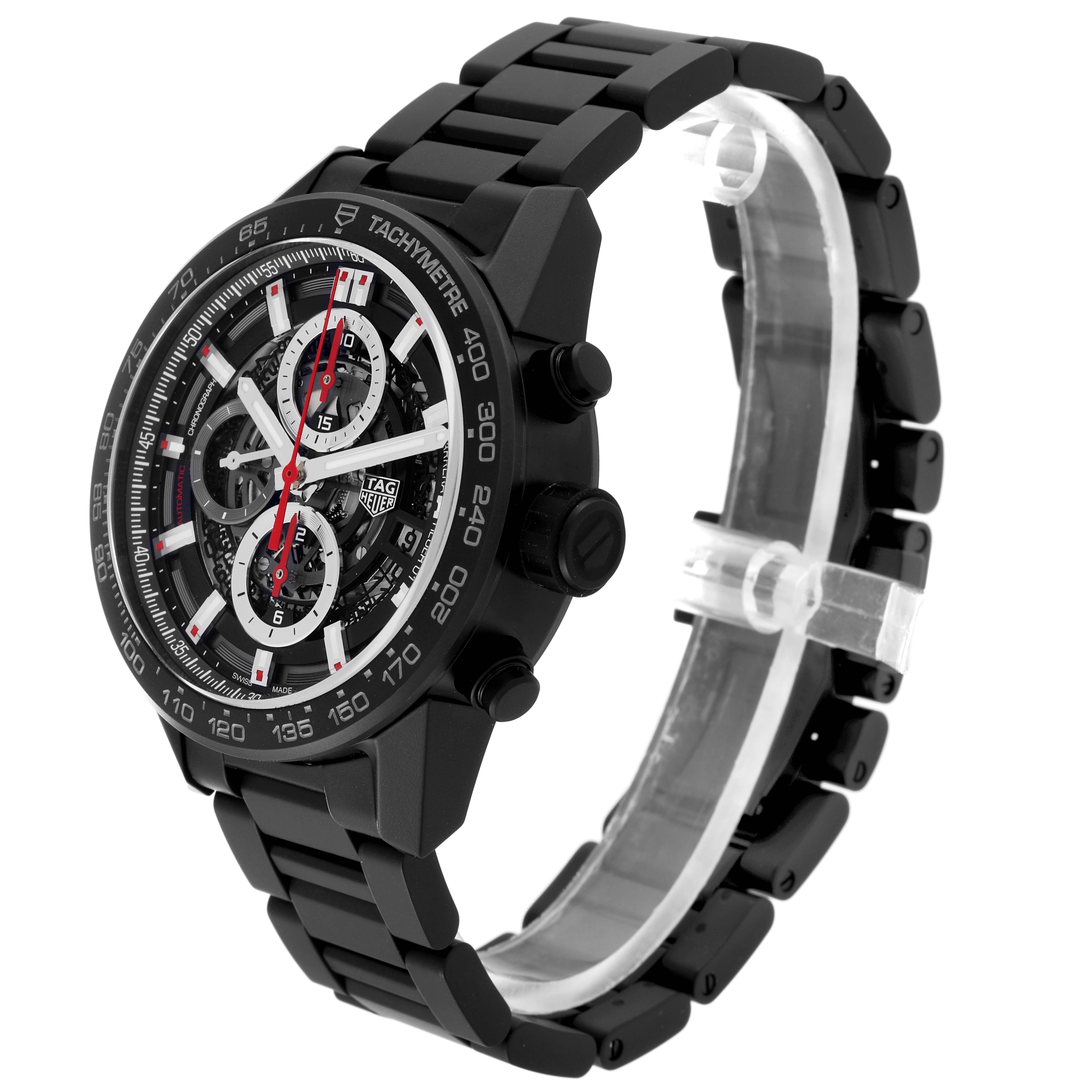 The Tag Heuer Carrera CAR2090 Men's Stainless Steel Black Dial CAR2090 Men's Stainless Steel Black Dial watch is pictured at a slight angle showing the full face, side buttons, and part of the bracelet.