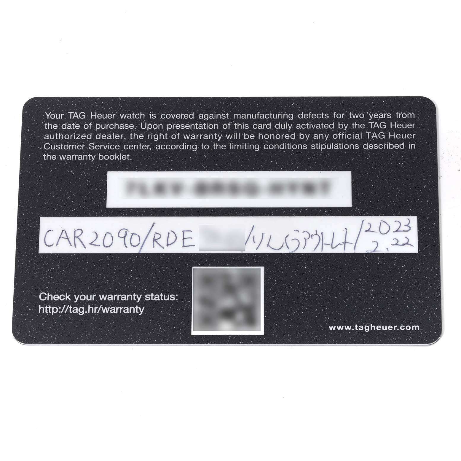 The image shows a Tag Heuer Carrera CAR2090 Men's Stainless Steel Black Dial CAR2090 Men's Stainless Steel Black Dial model warranty card viewed from above.